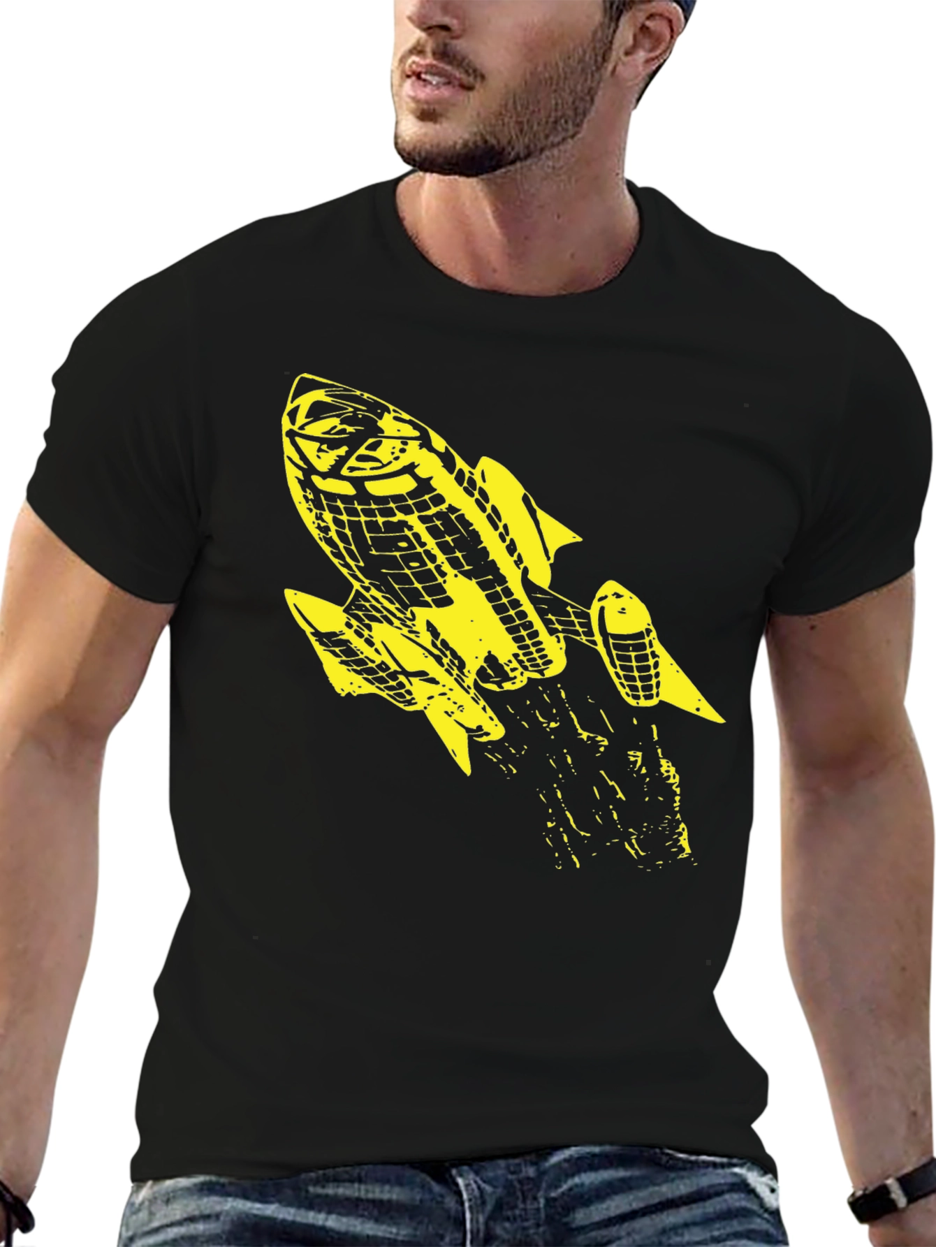 Retro Rocket Graphic Tee - Black Cotton T-Shirt