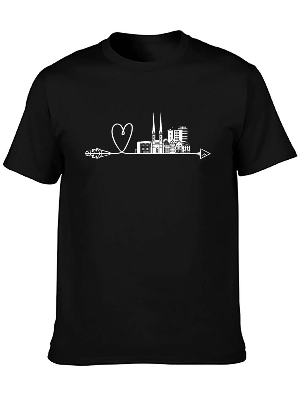 Cityscape Heart Arrow Tee - Black Graphic T-Shirt