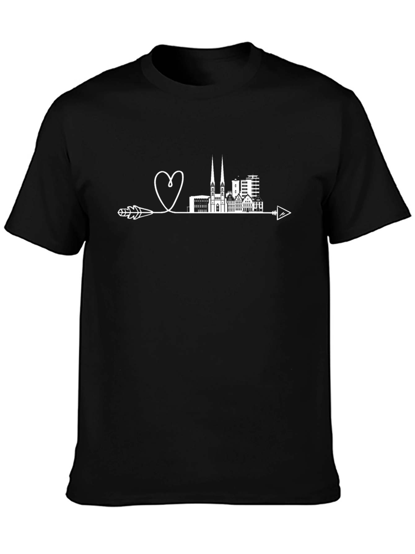 Cityscape Heart Arrow Tee - Black Graphic T-Shirt