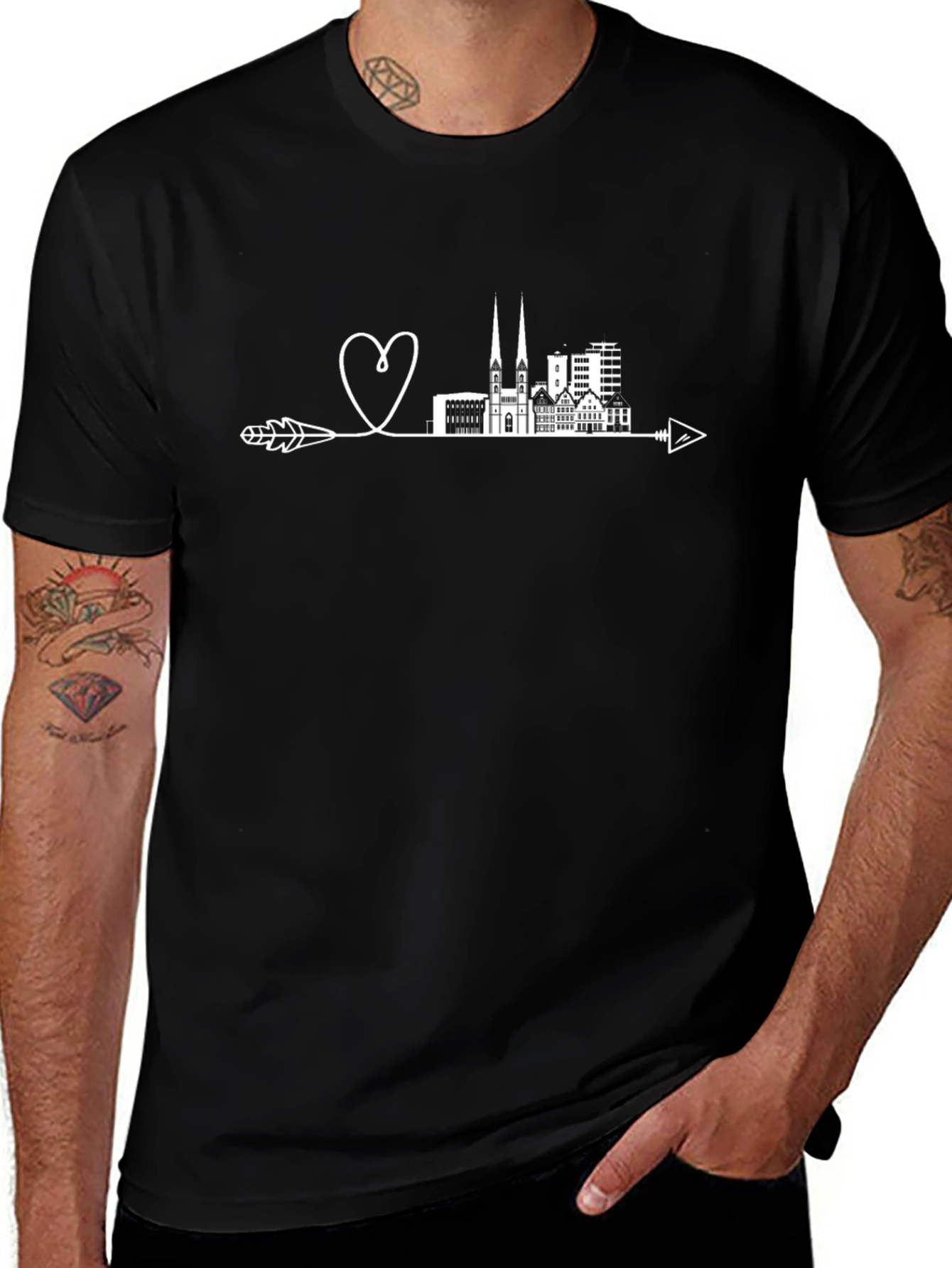 Cityscape Heart Arrow Tee - Black Graphic T-Shirt