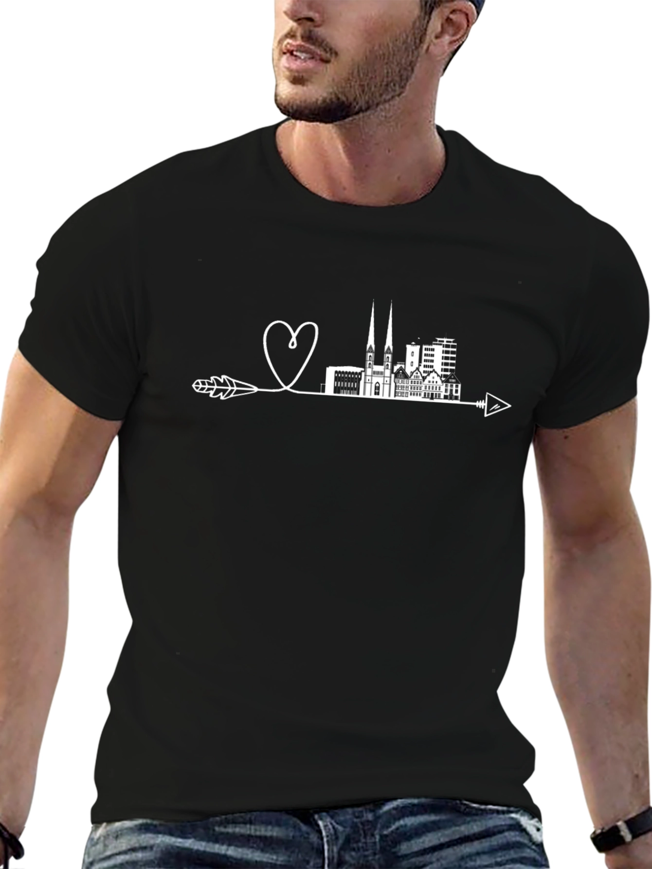 Cityscape Heart Arrow Tee - Black Graphic T-Shirt