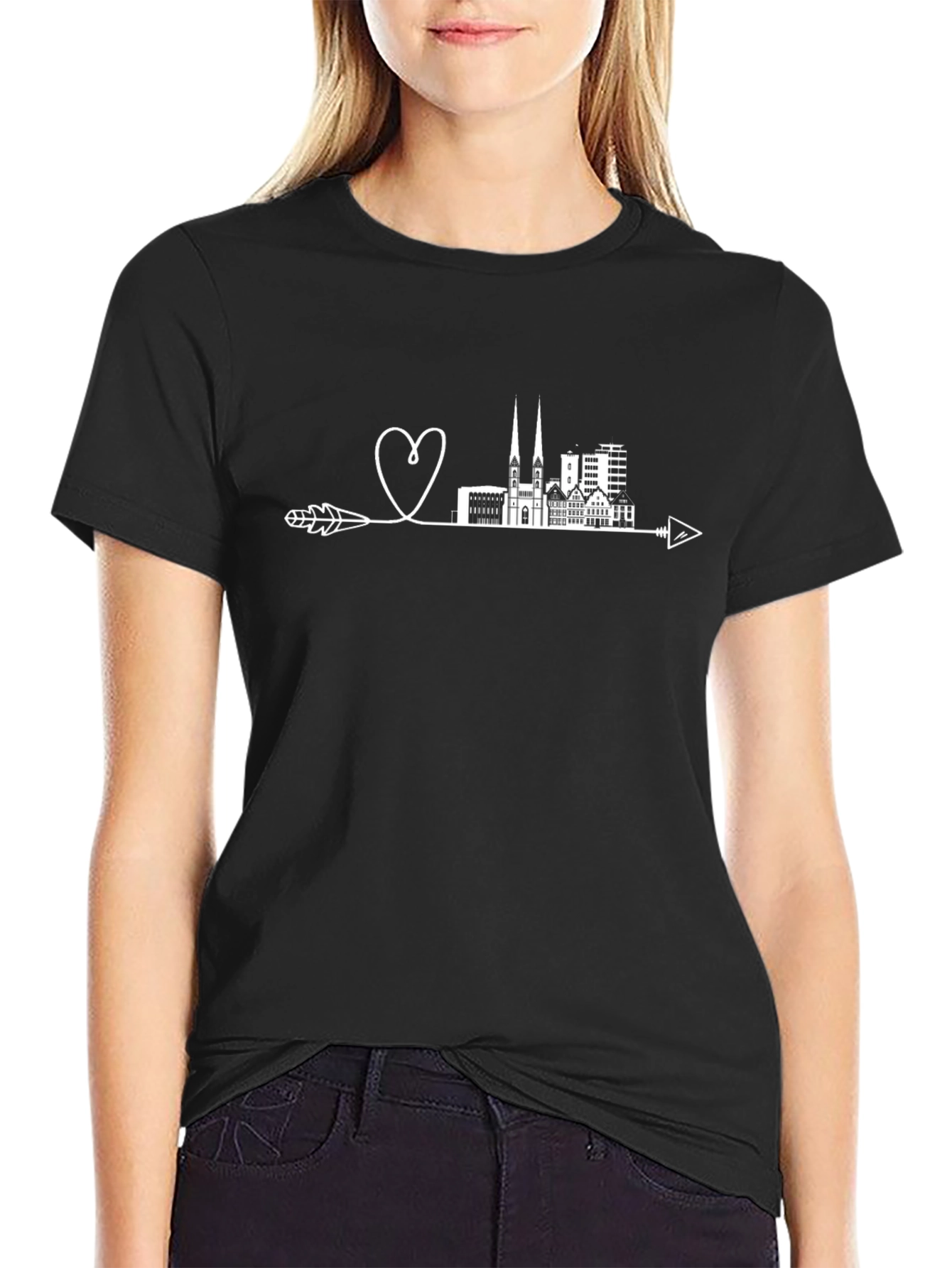 Cityscape Heart Arrow Tee - Black Graphic T-Shirt