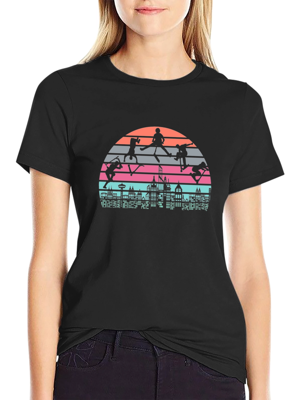 Skateboarding Cityscape Retro Graphic Tee