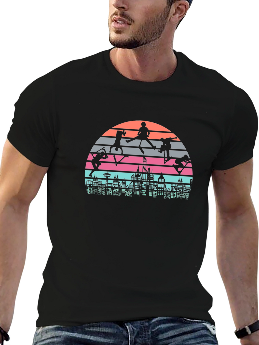 Skateboarding Cityscape Retro Graphic Tee