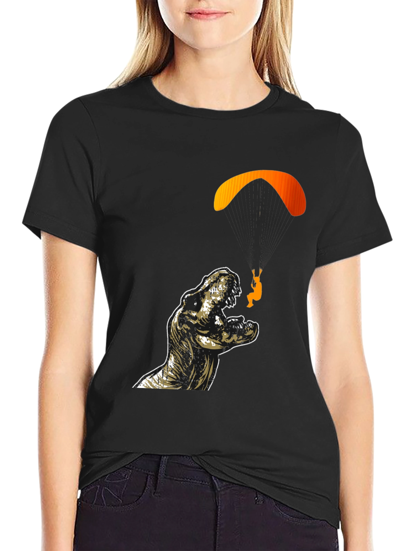 Dino Paragliding Graphic Tee - Black Cotton T-Shirt