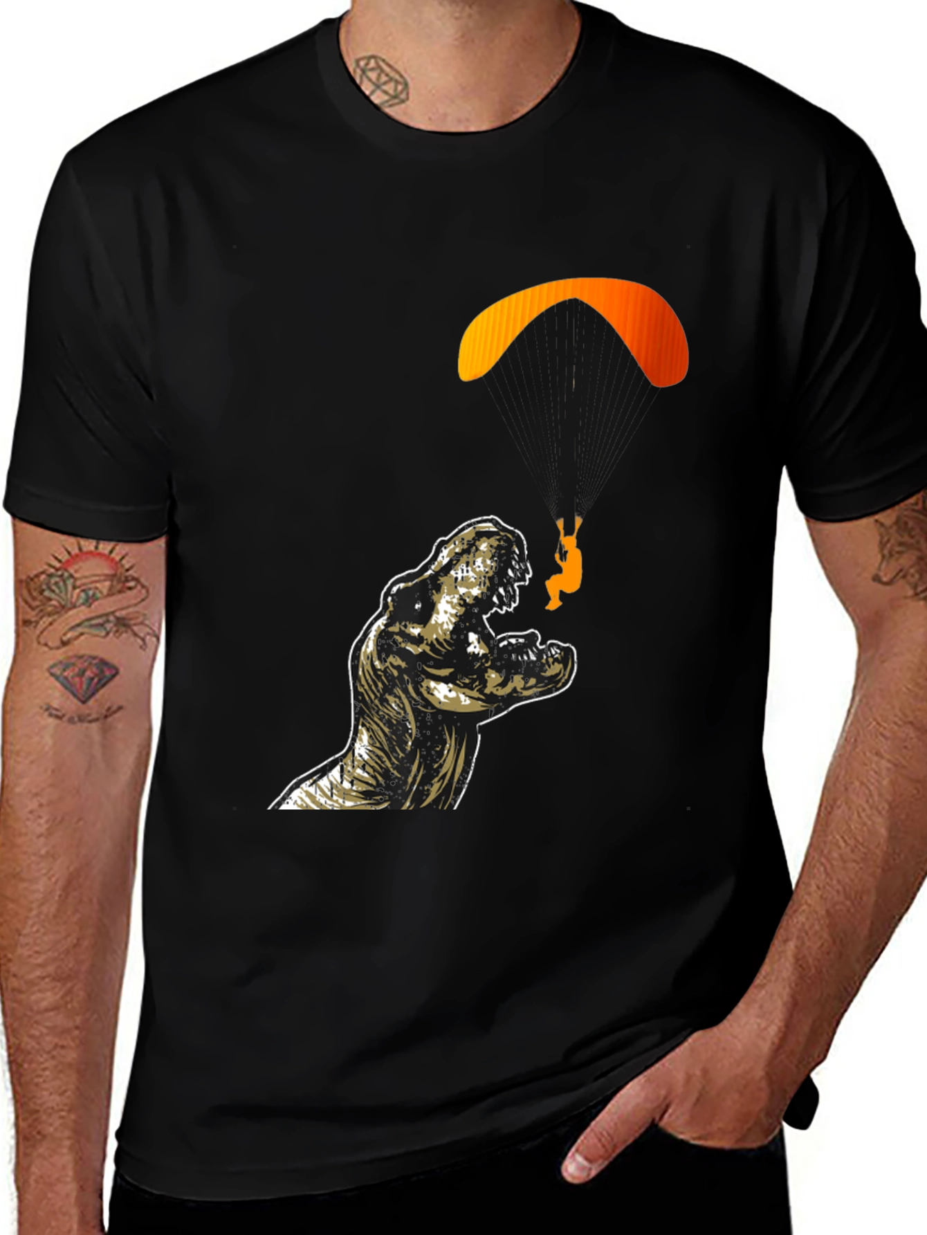 Dino Paragliding Graphic Tee - Black Cotton T-Shirt