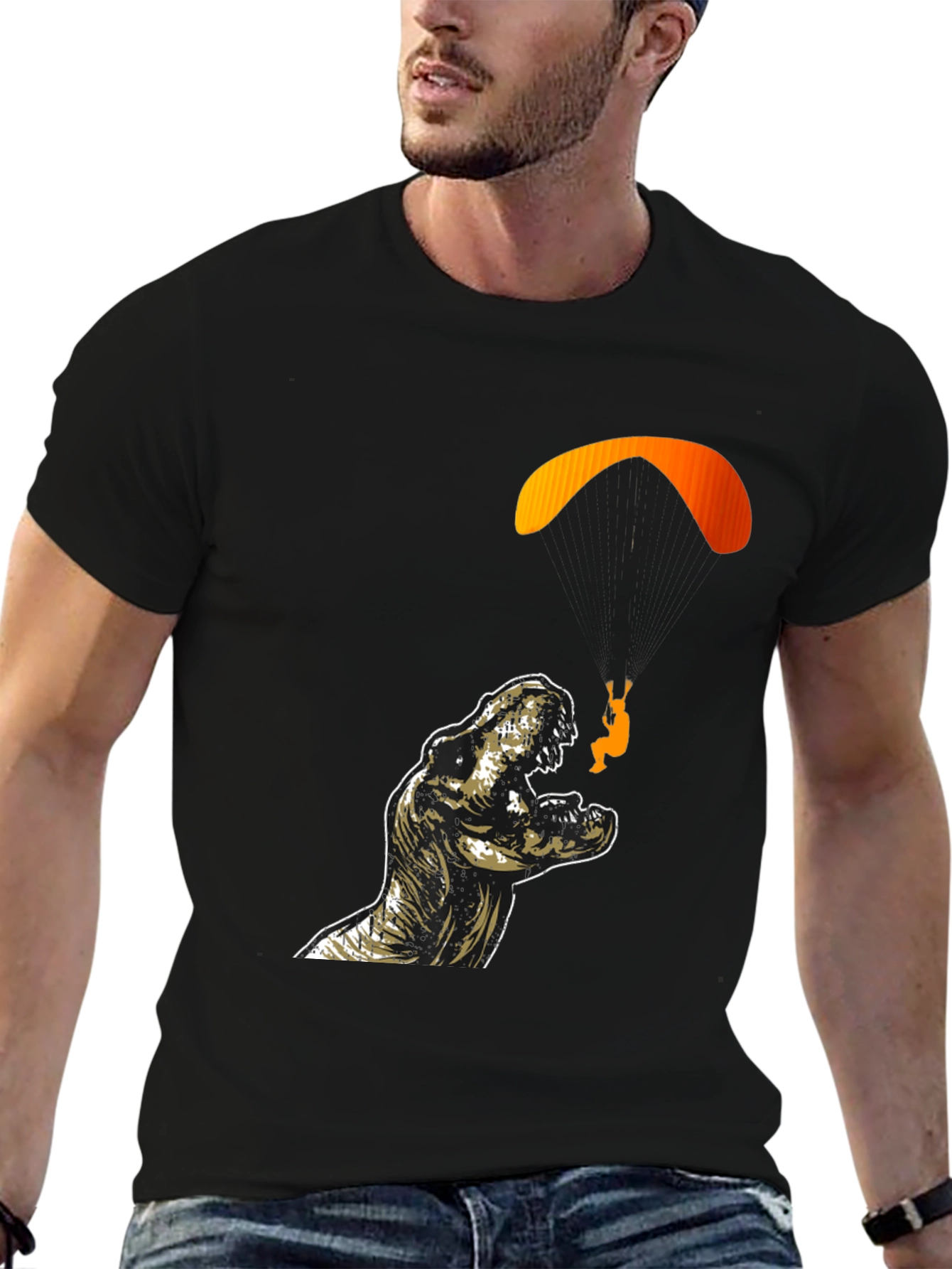 Dino Paragliding Graphic Tee - Black Cotton T-Shirt