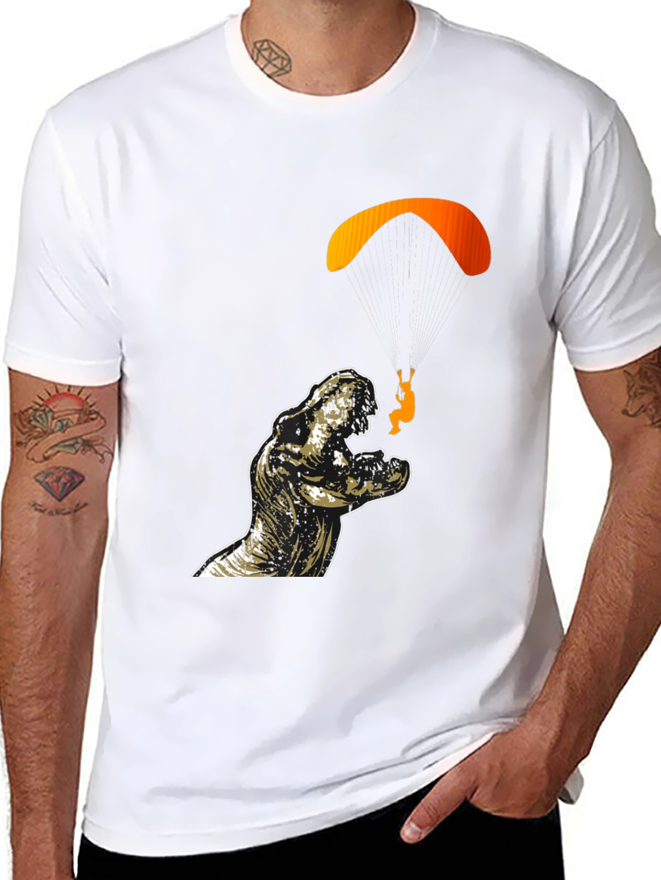 Dino Paragliding Graphic Tee - Black Cotton T-Shirt