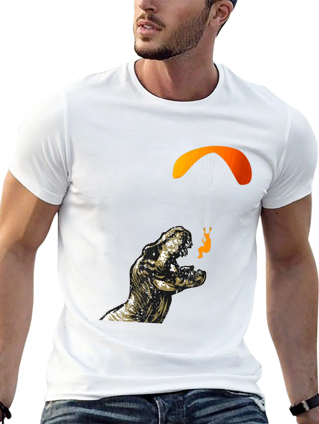 Dino Paragliding Graphic Tee - Black Cotton T-Shirt
