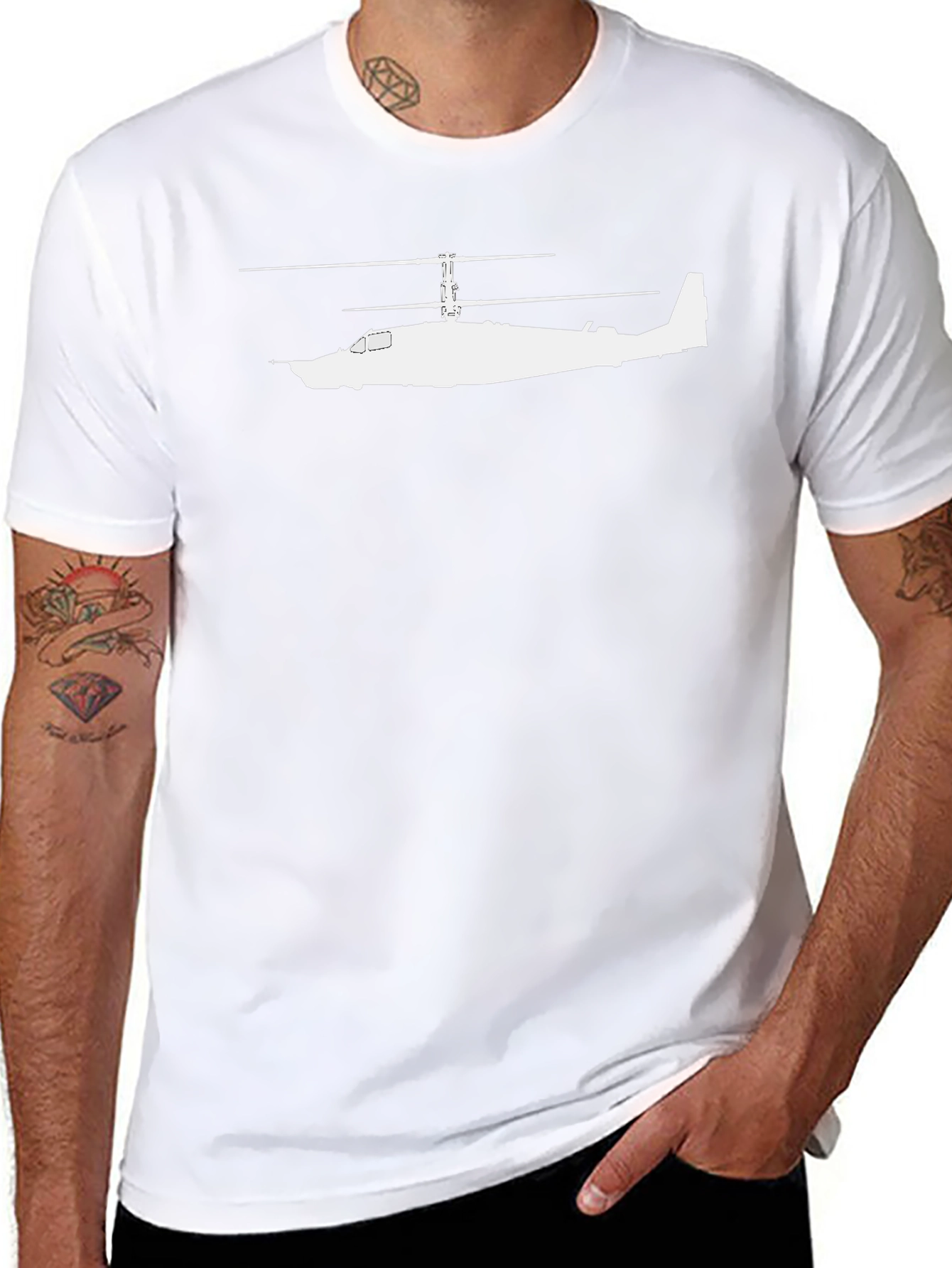 Black T-Shirt with White Helicopter Design