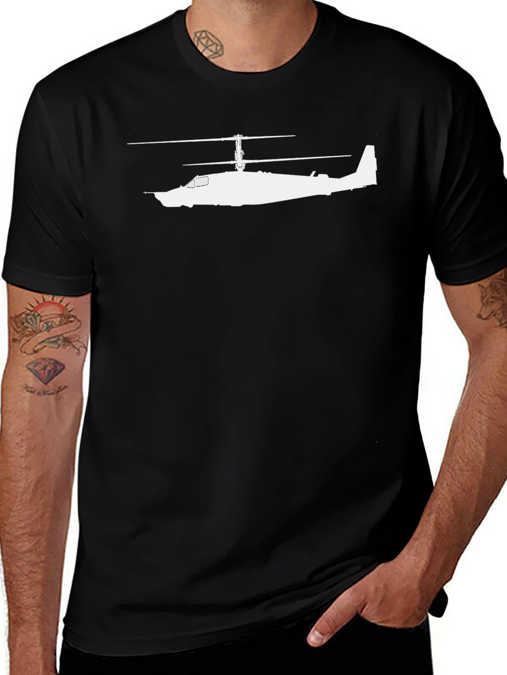 Black T-Shirt with White Helicopter Design