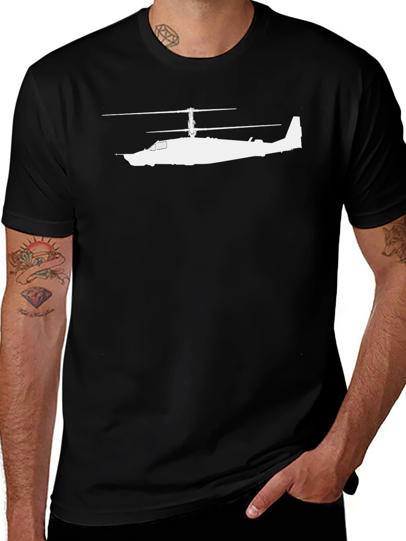 Black T-Shirt with White Helicopter Design