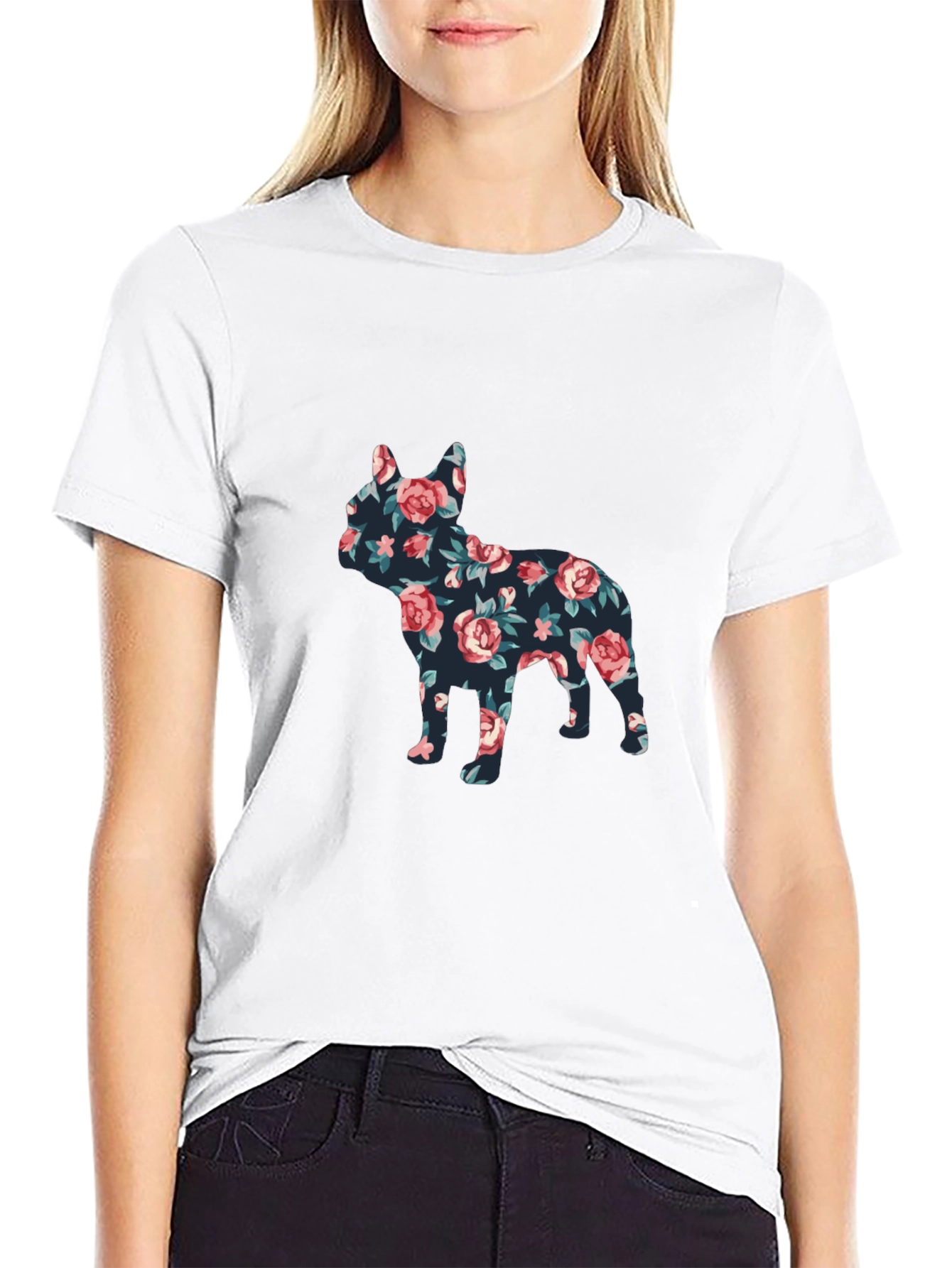 Floral French Bulldog Graphic Mens Black T-Shirt