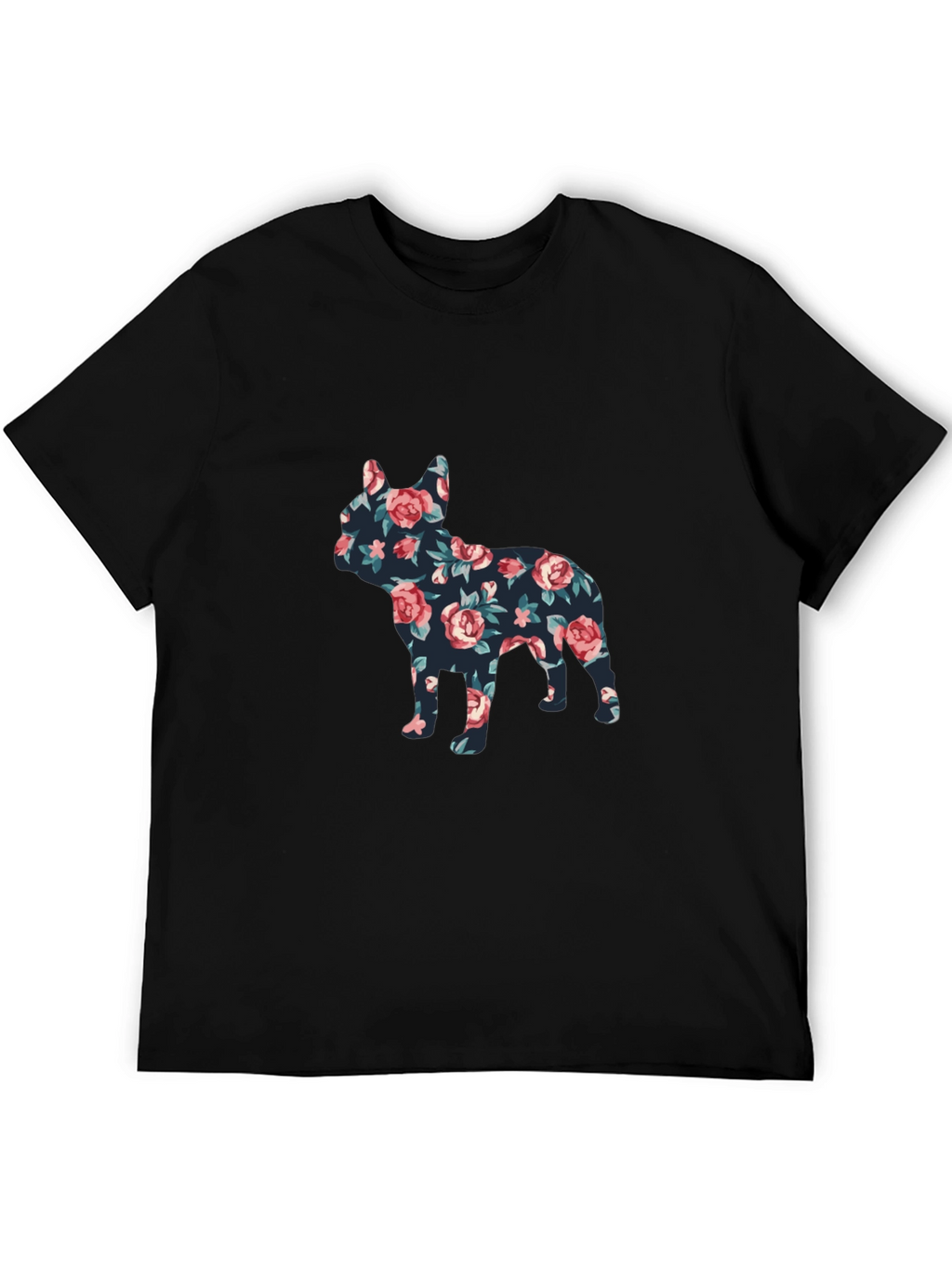 Floral French Bulldog Graphic Mens Black T-Shirt