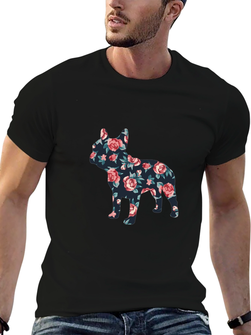 Floral French Bulldog Graphic Mens Black T-Shirt