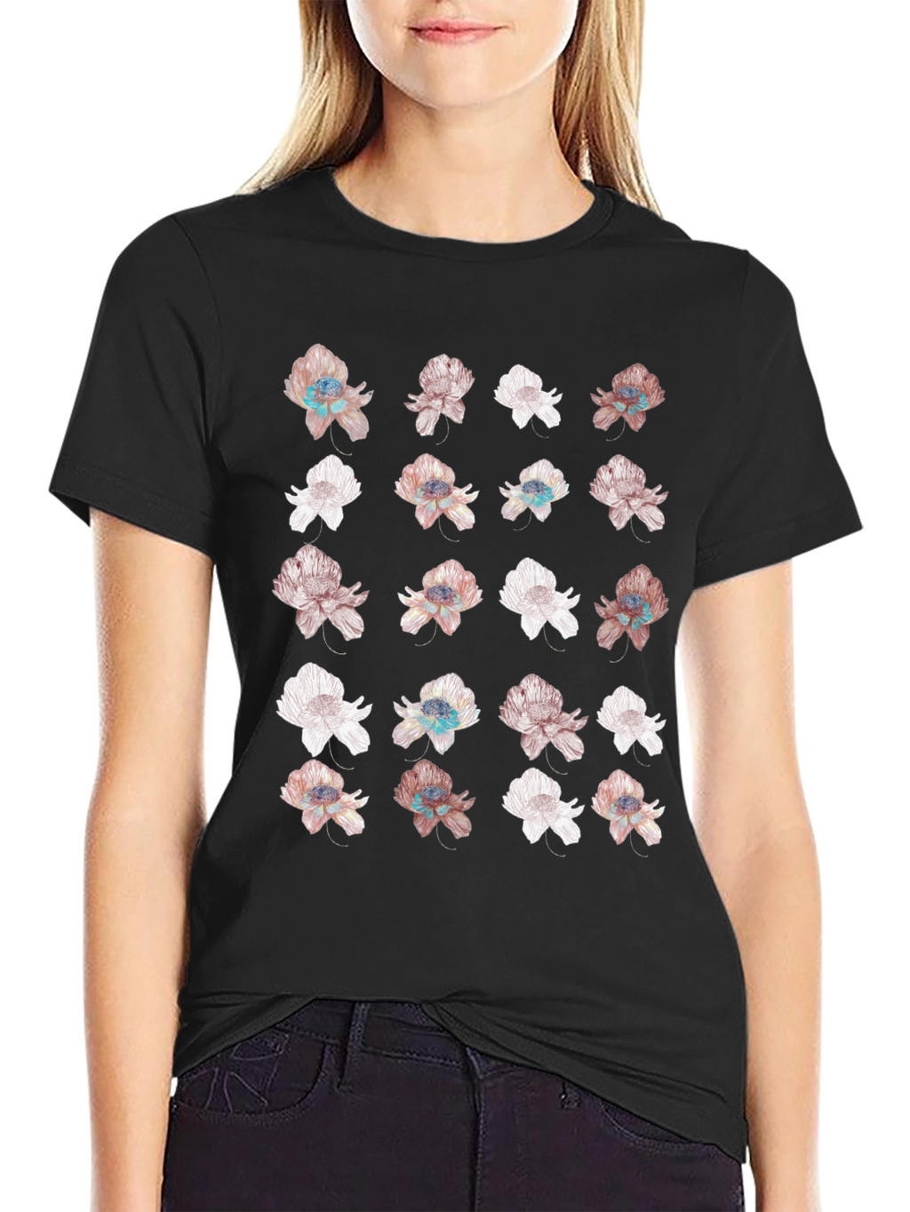 Floral Print Black T-Shirt - Unique Design