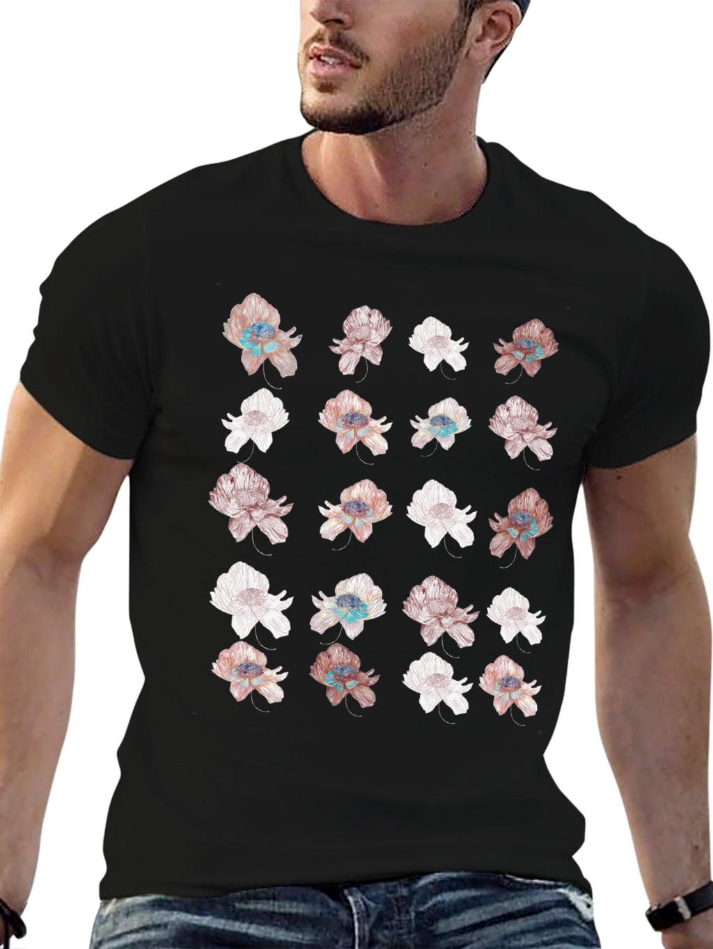 Floral Print Black T-Shirt - Unique Design