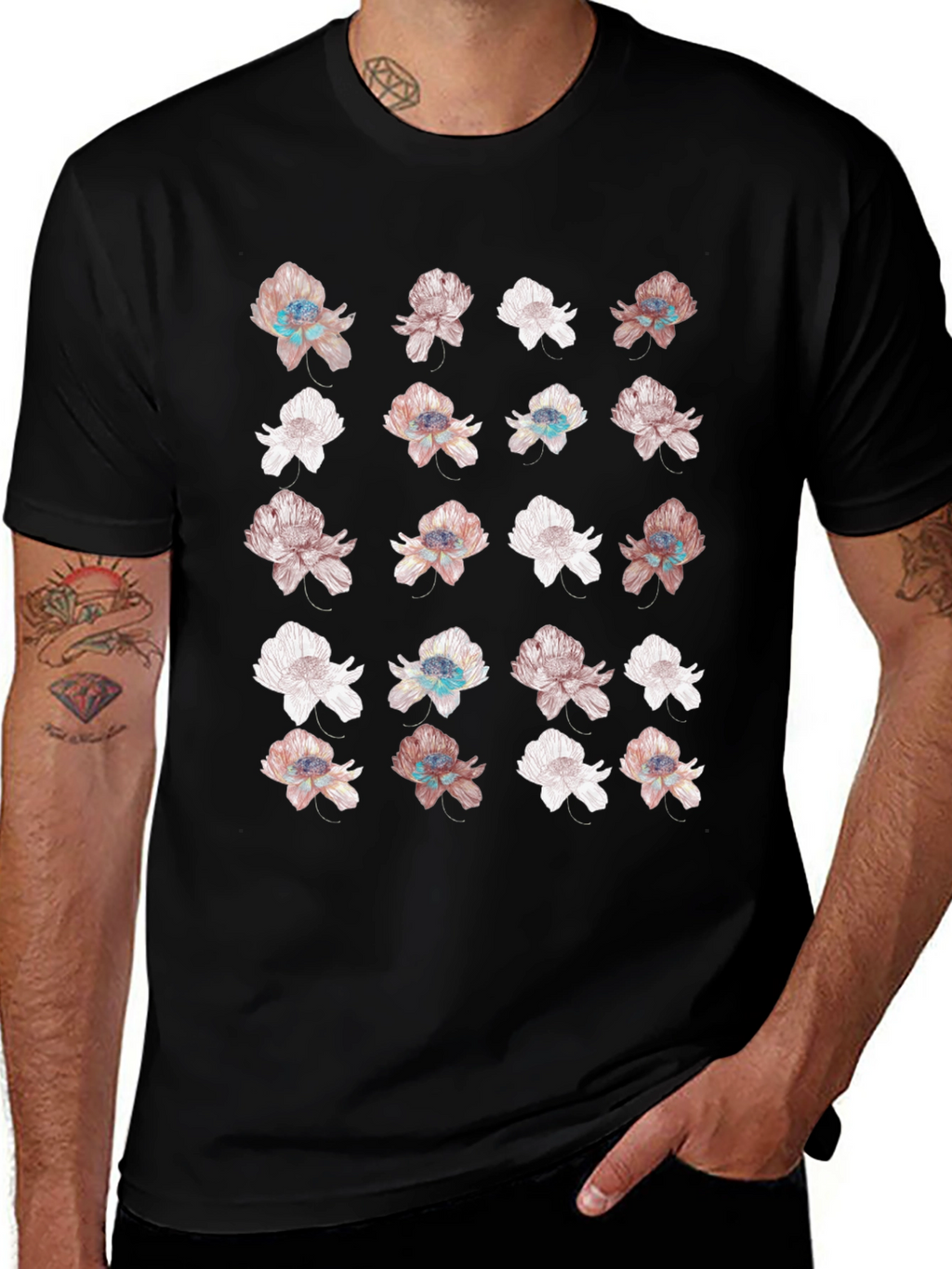Floral Print Black T-Shirt - Unique Design