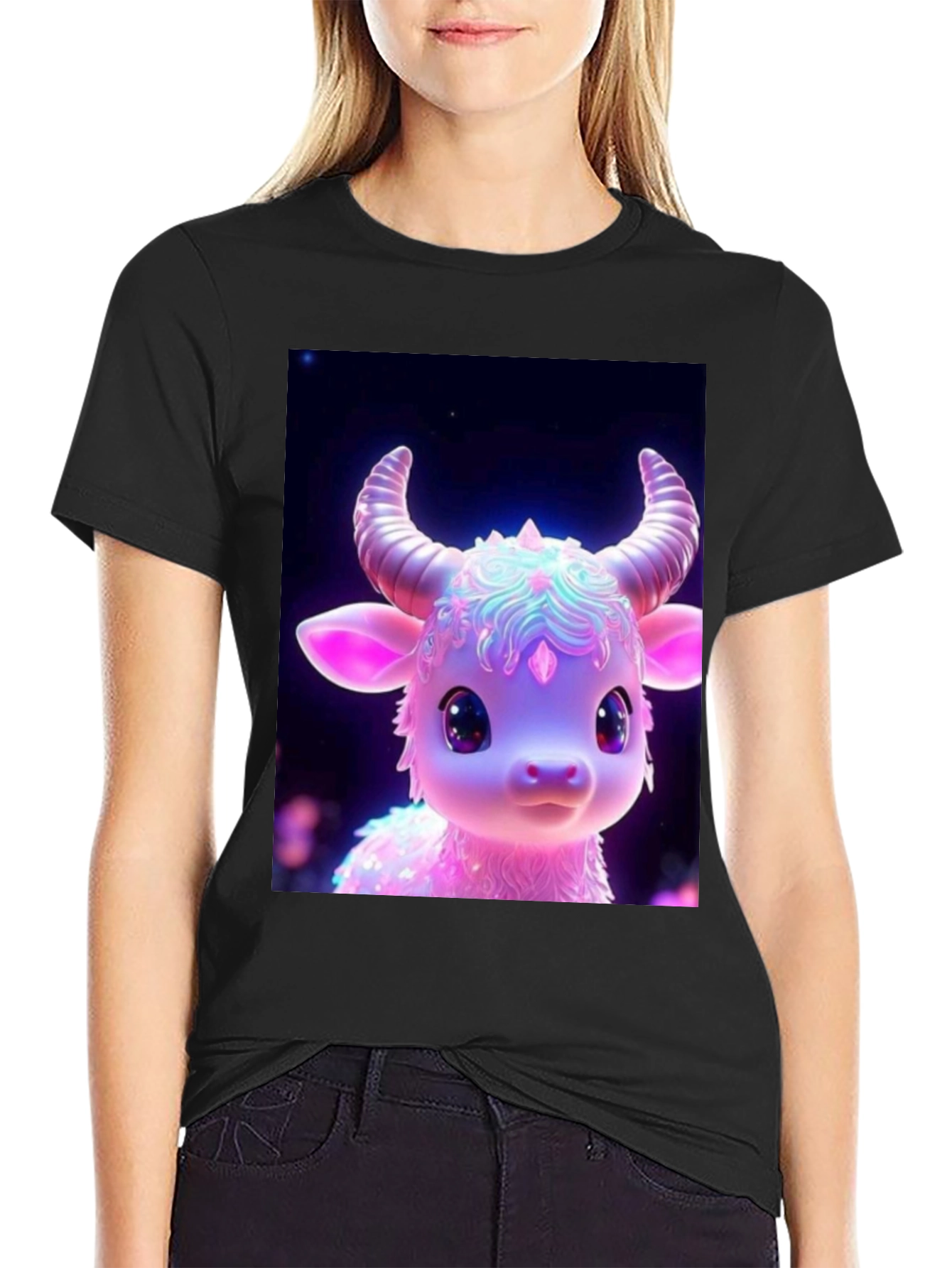 Cute Cartoon Cow Graphic Tee - Black