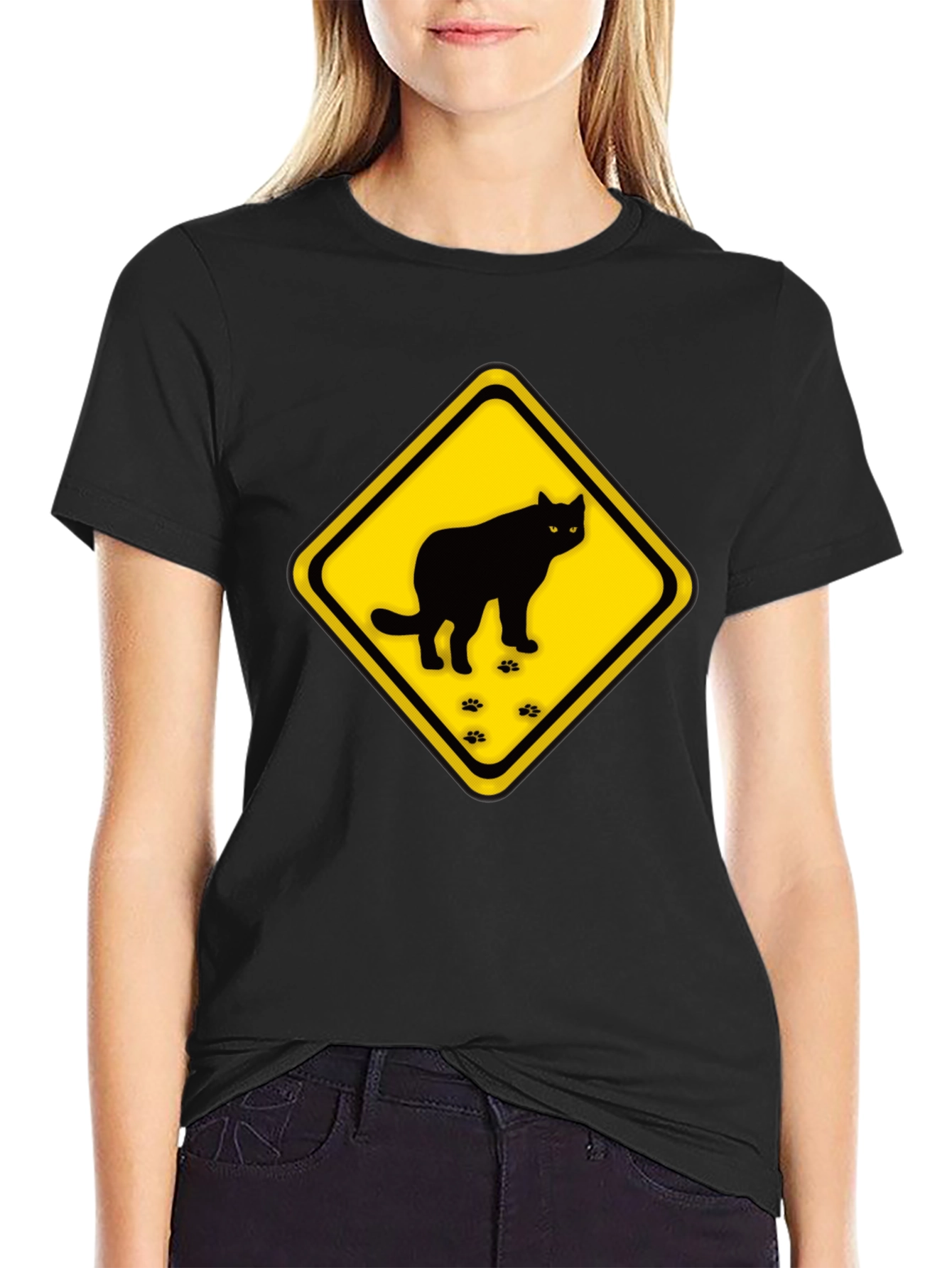 Caution Cat Crossing Black T-Shirt