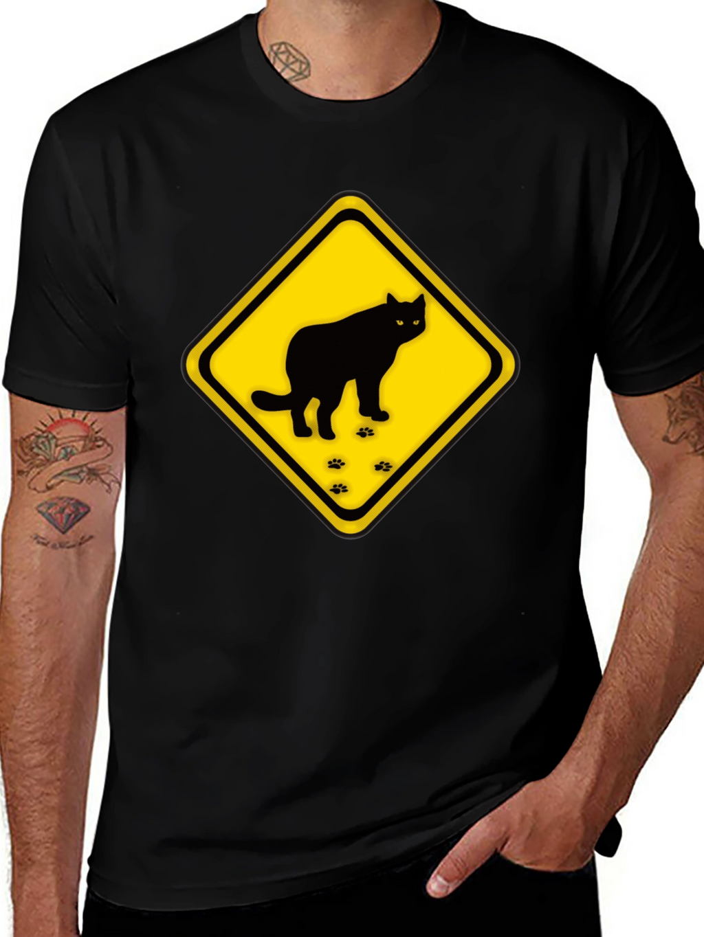 Caution Cat Crossing Black T-Shirt
