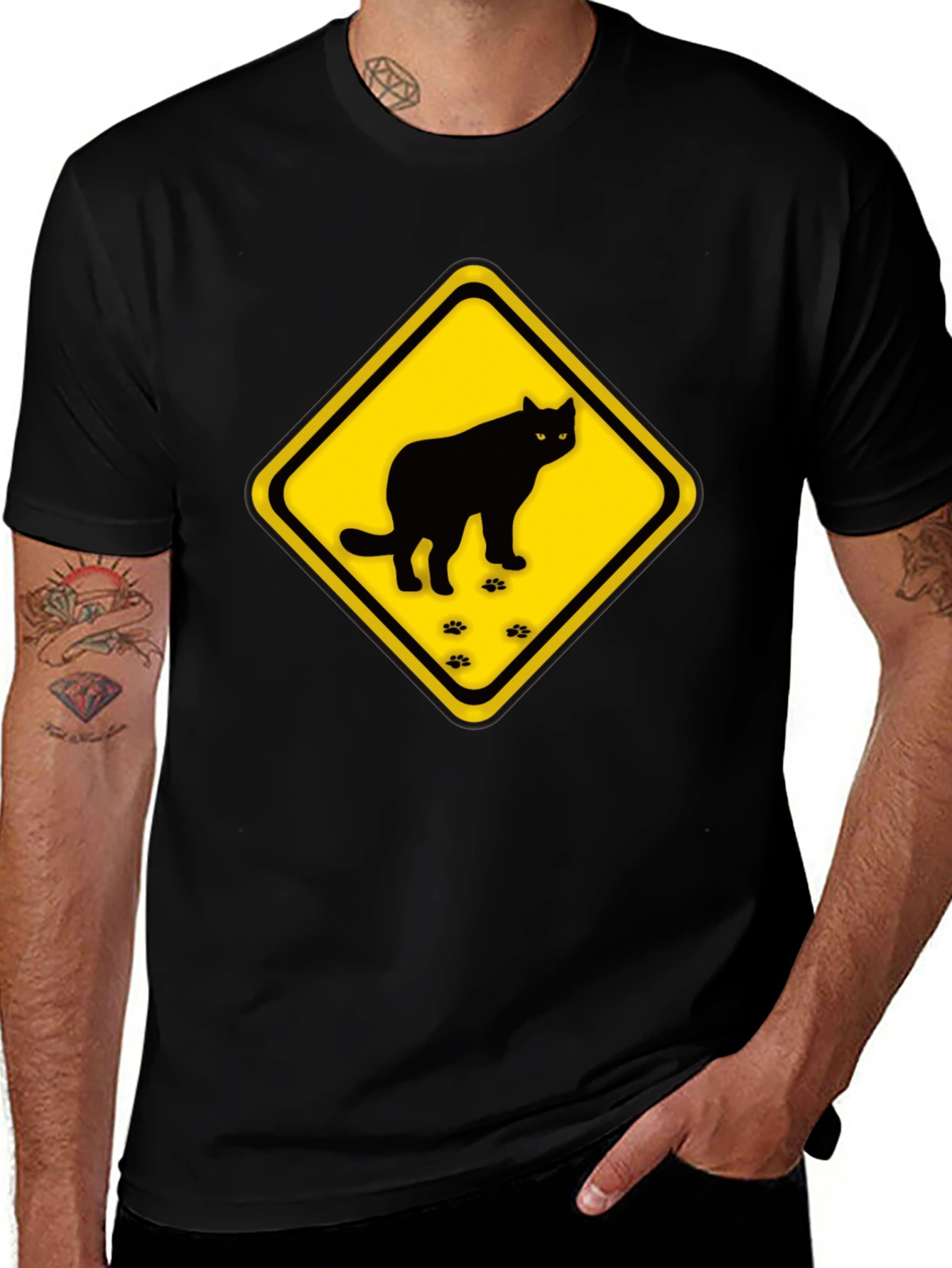 Caution Cat Crossing Black T-Shirt