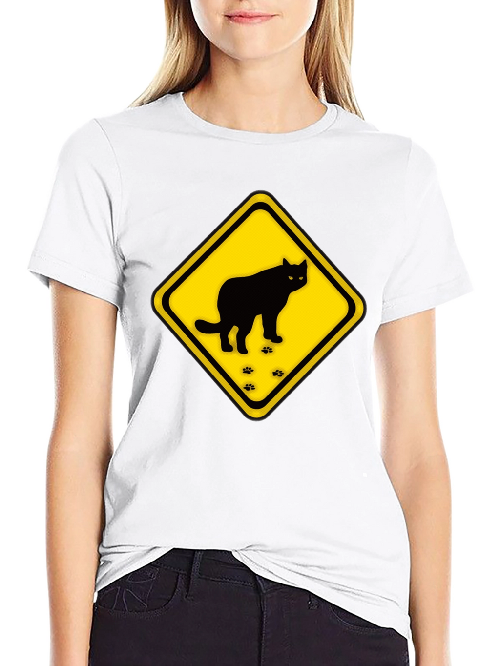Caution Cat Crossing Black T-Shirt