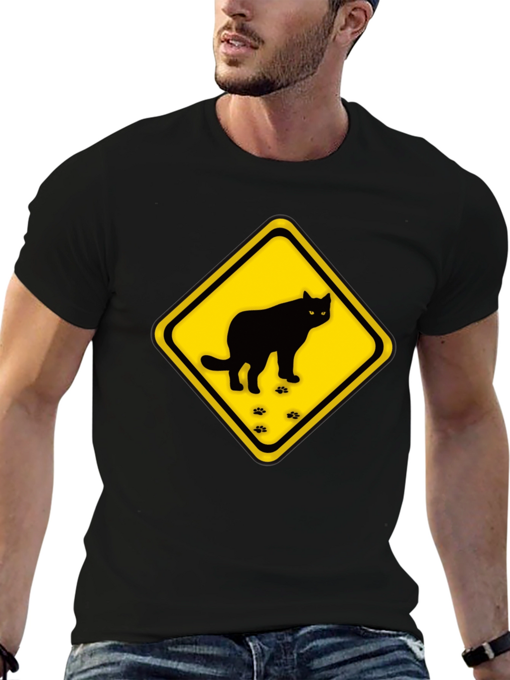 Caution Cat Crossing Black T-Shirt