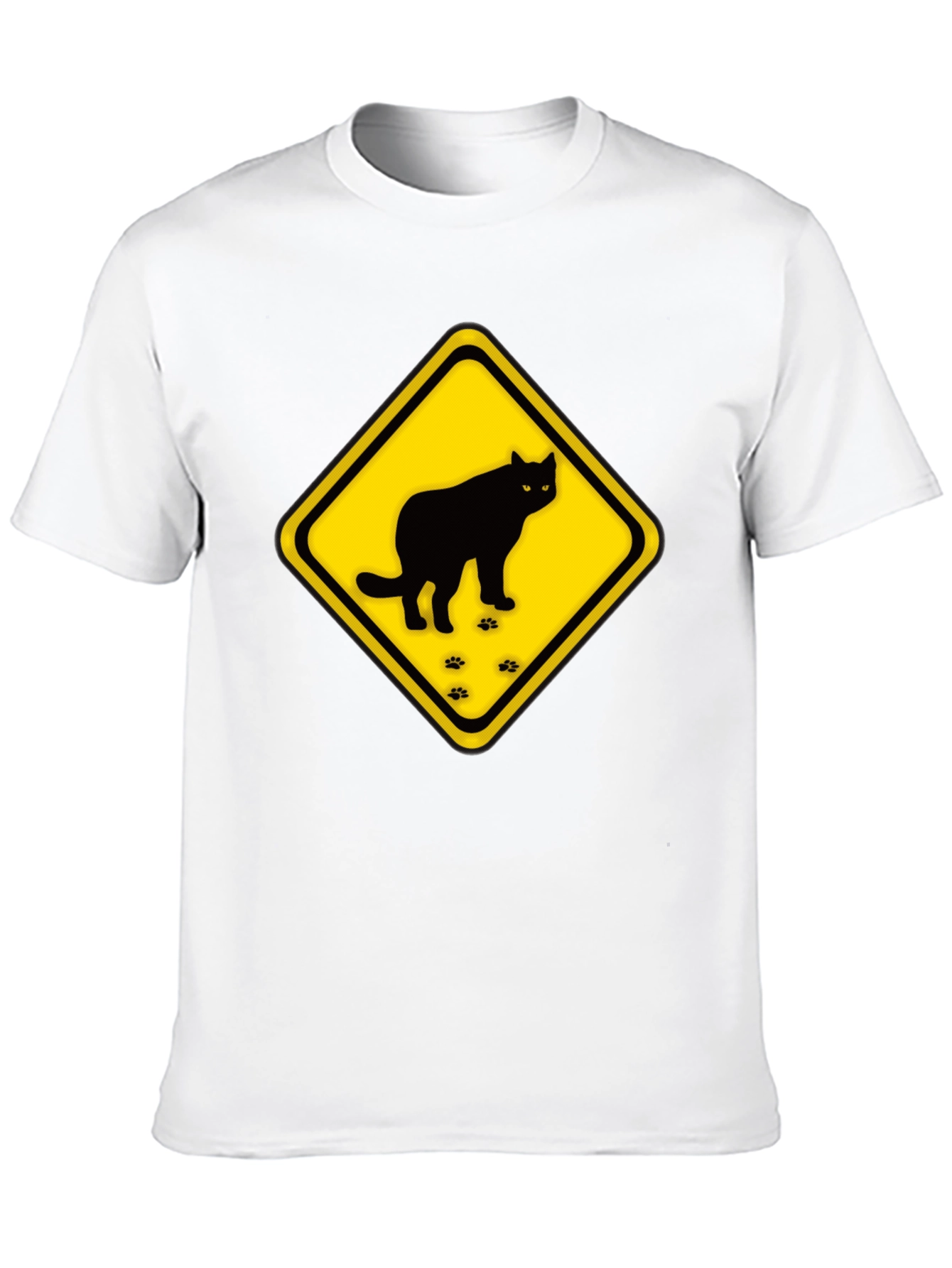 Caution Cat Crossing Black T-Shirt