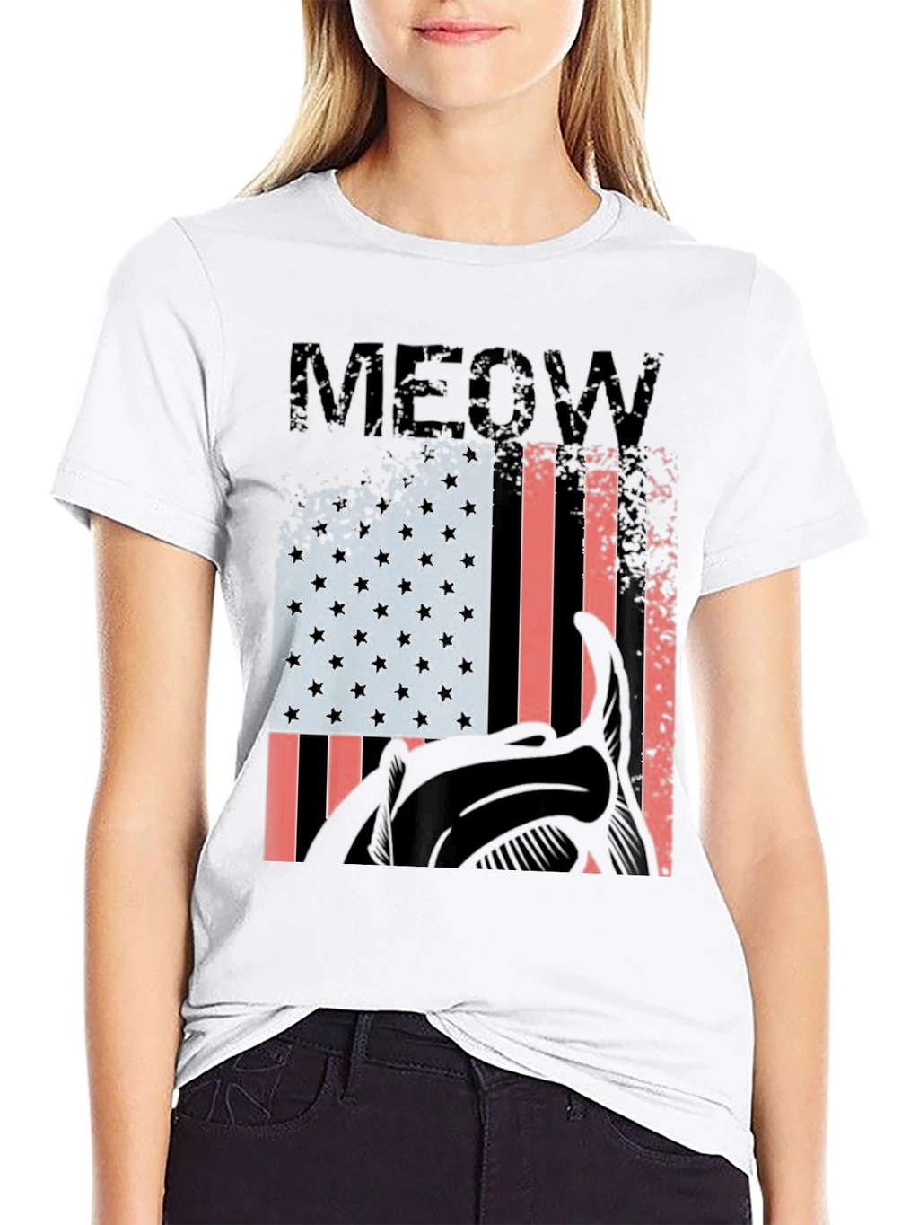 Meow American Flag Cat Graphic T-Shirt