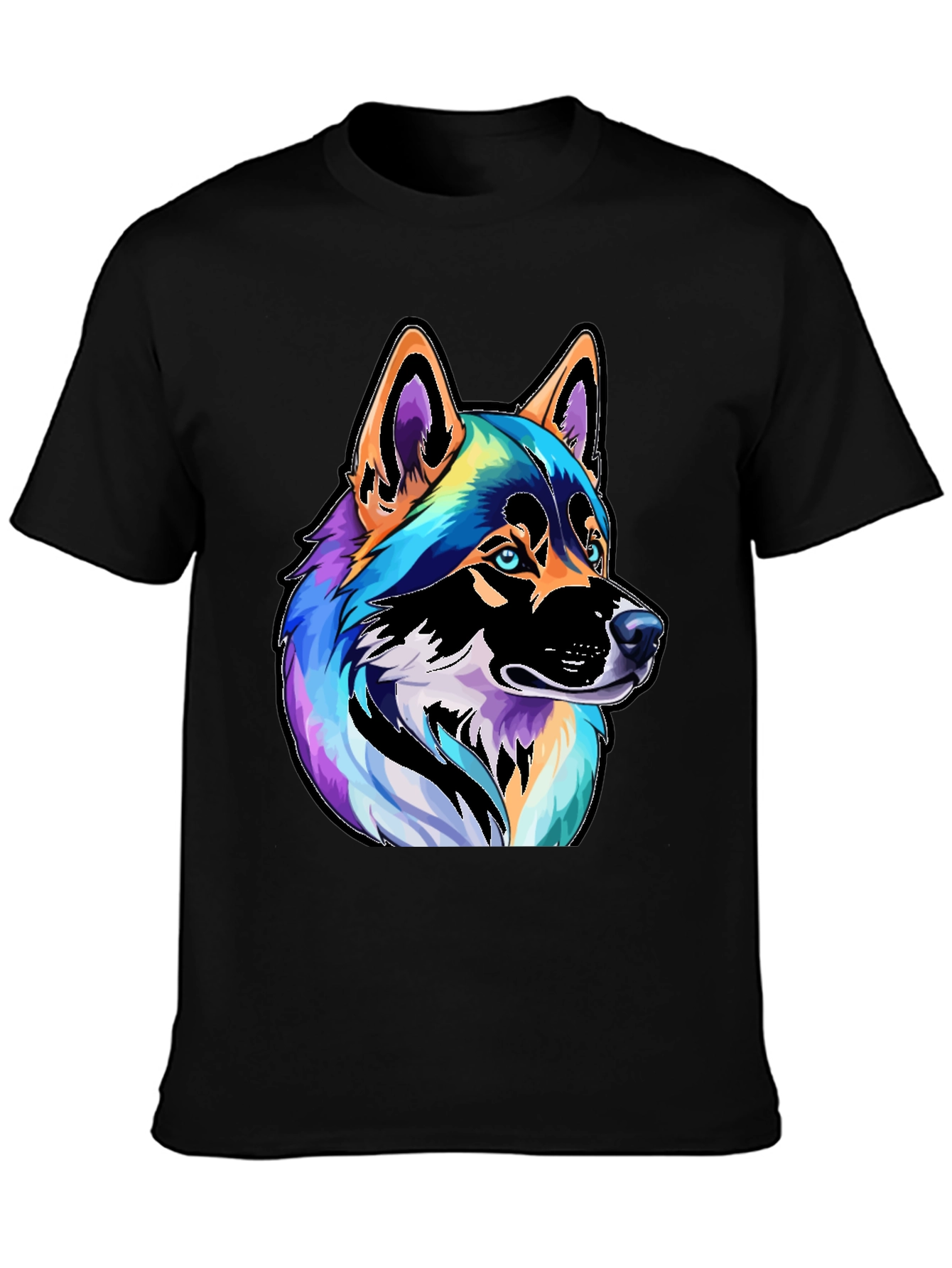 Colorful Husky Dog Graphic Tee - Black