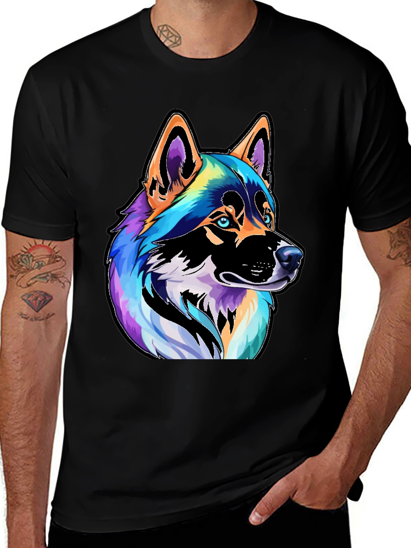 Colorful Husky Dog Graphic Tee - Black