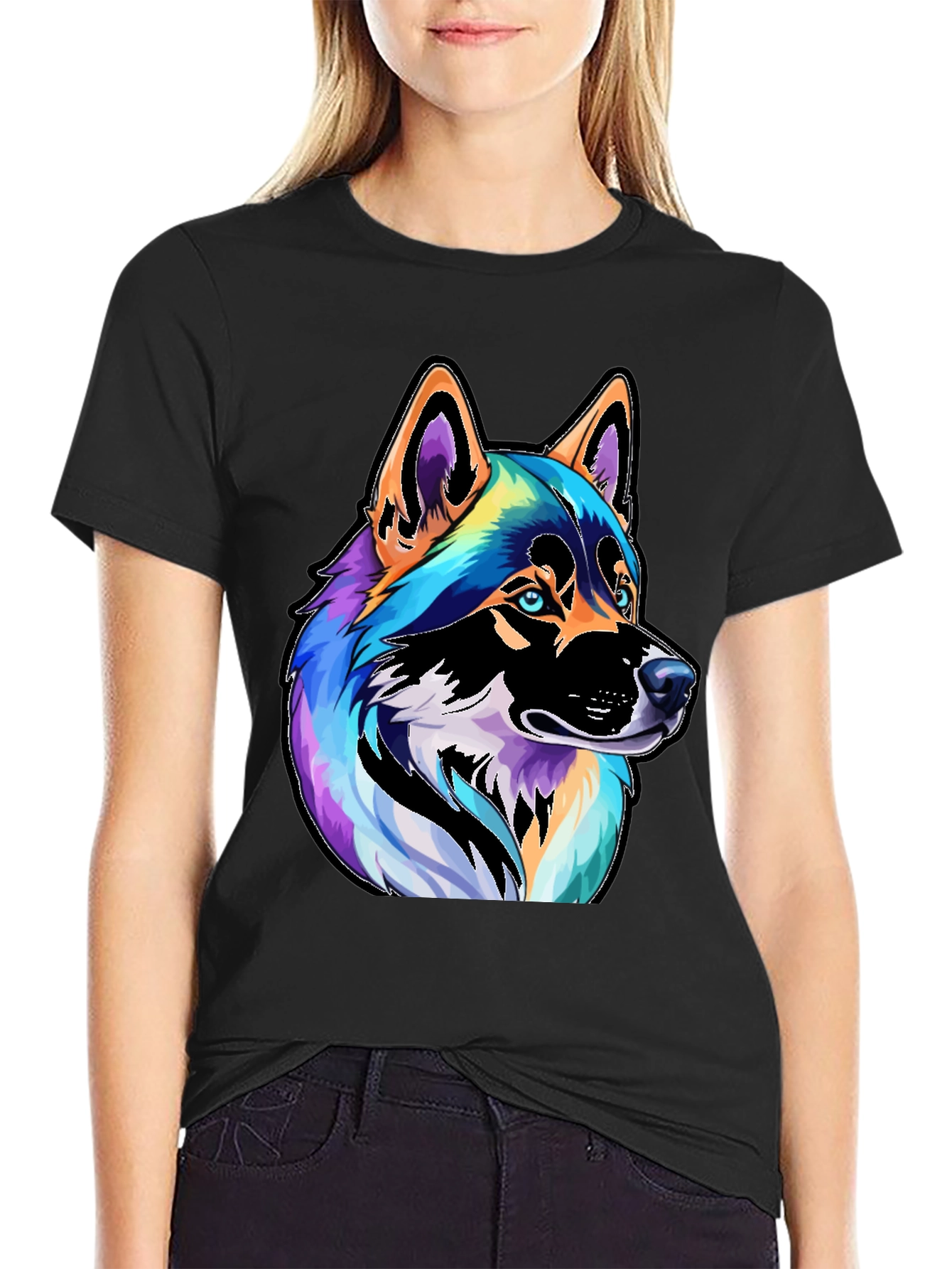 Colorful Husky Dog Graphic Tee - Black