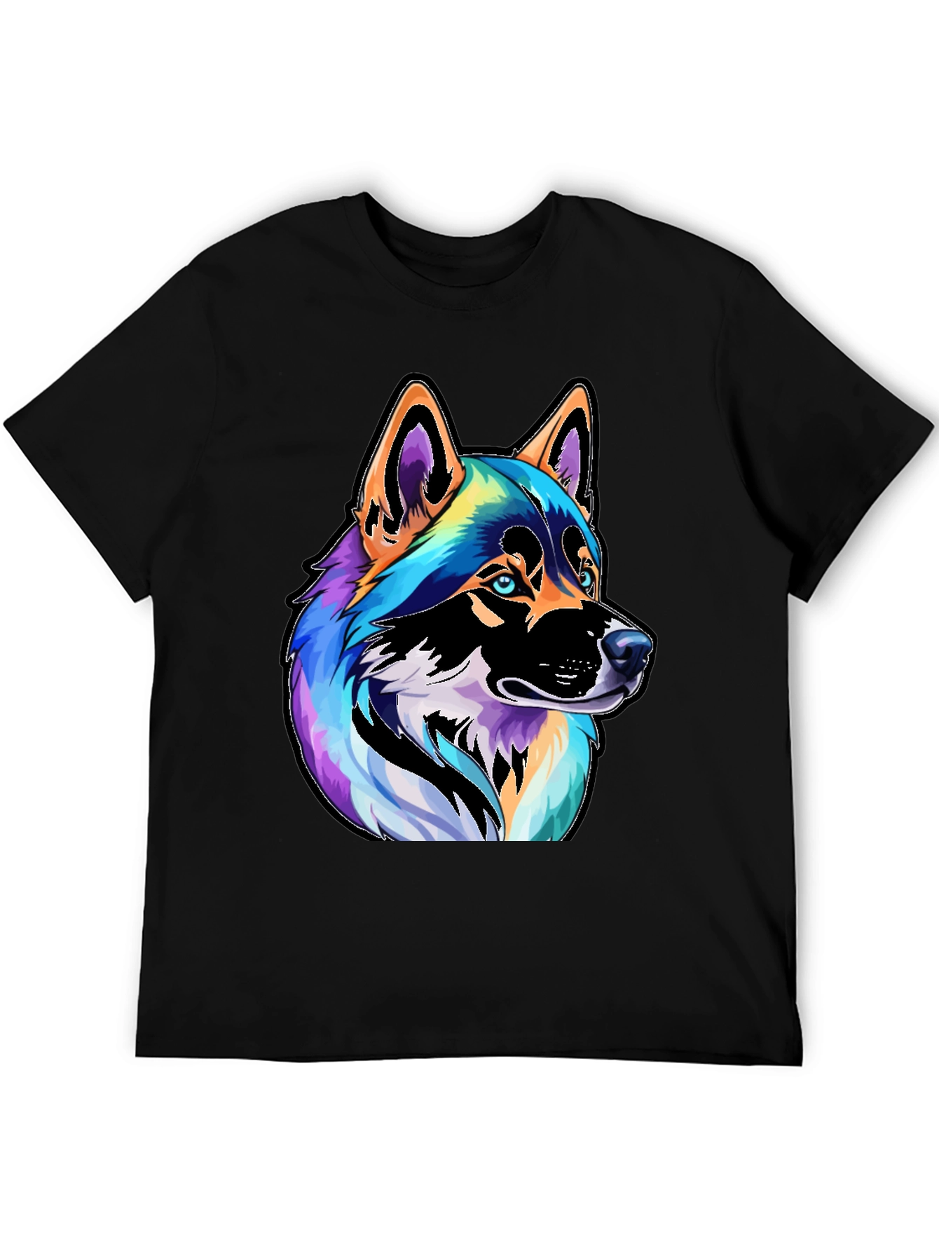 Colorful Husky Dog Graphic Tee - Black