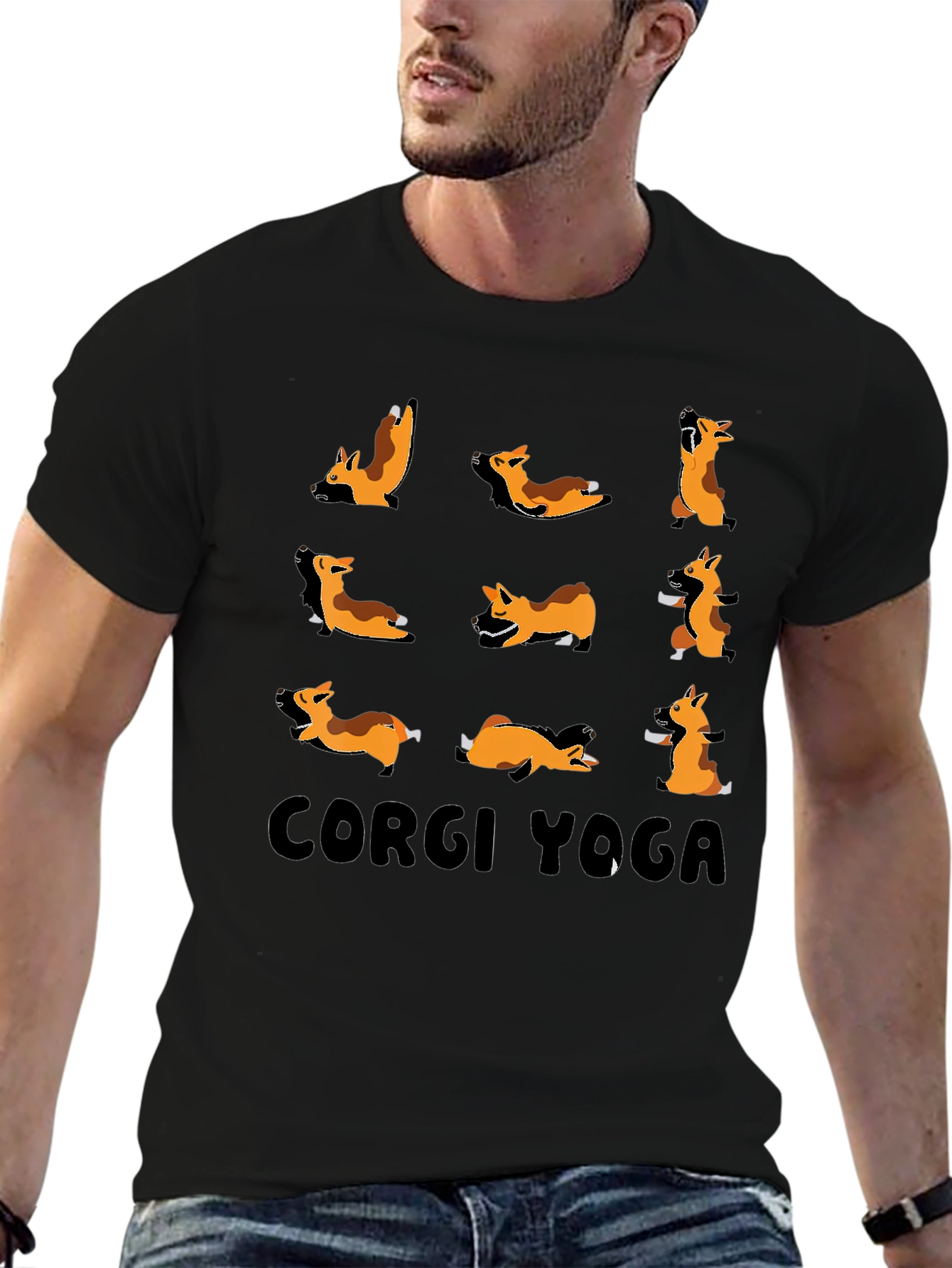 Corgi Yoga Black Graphic T-Shirt