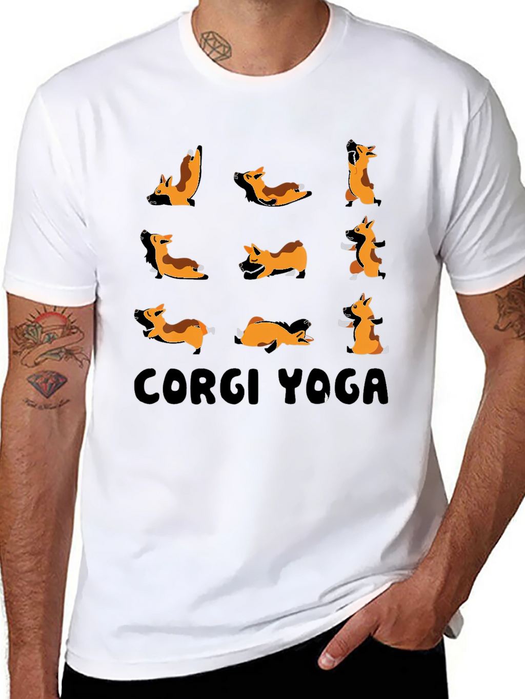 Corgi Yoga Black Graphic T-Shirt