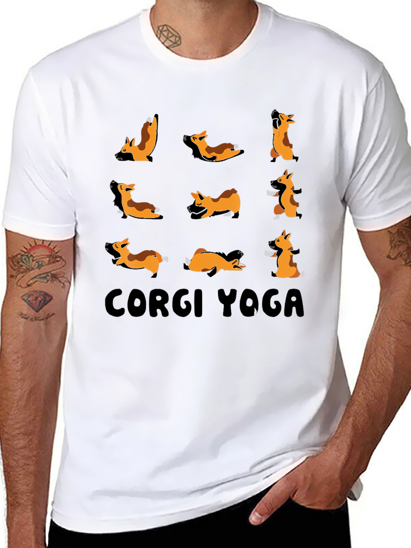 Corgi Yoga Black Graphic T-Shirt