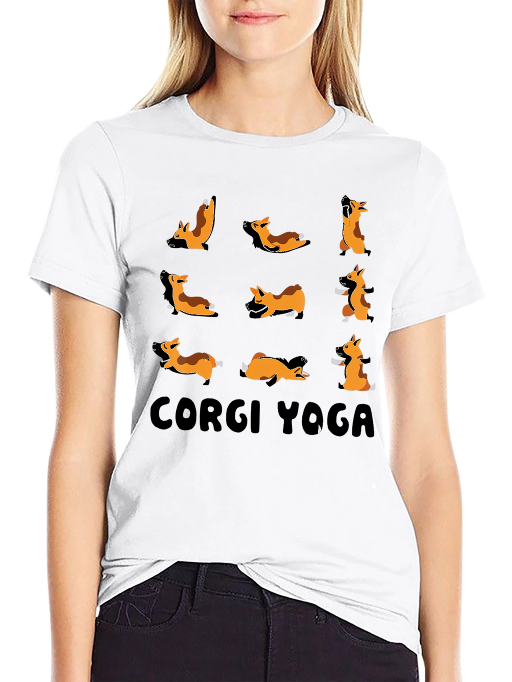 Corgi Yoga Black Graphic T-Shirt