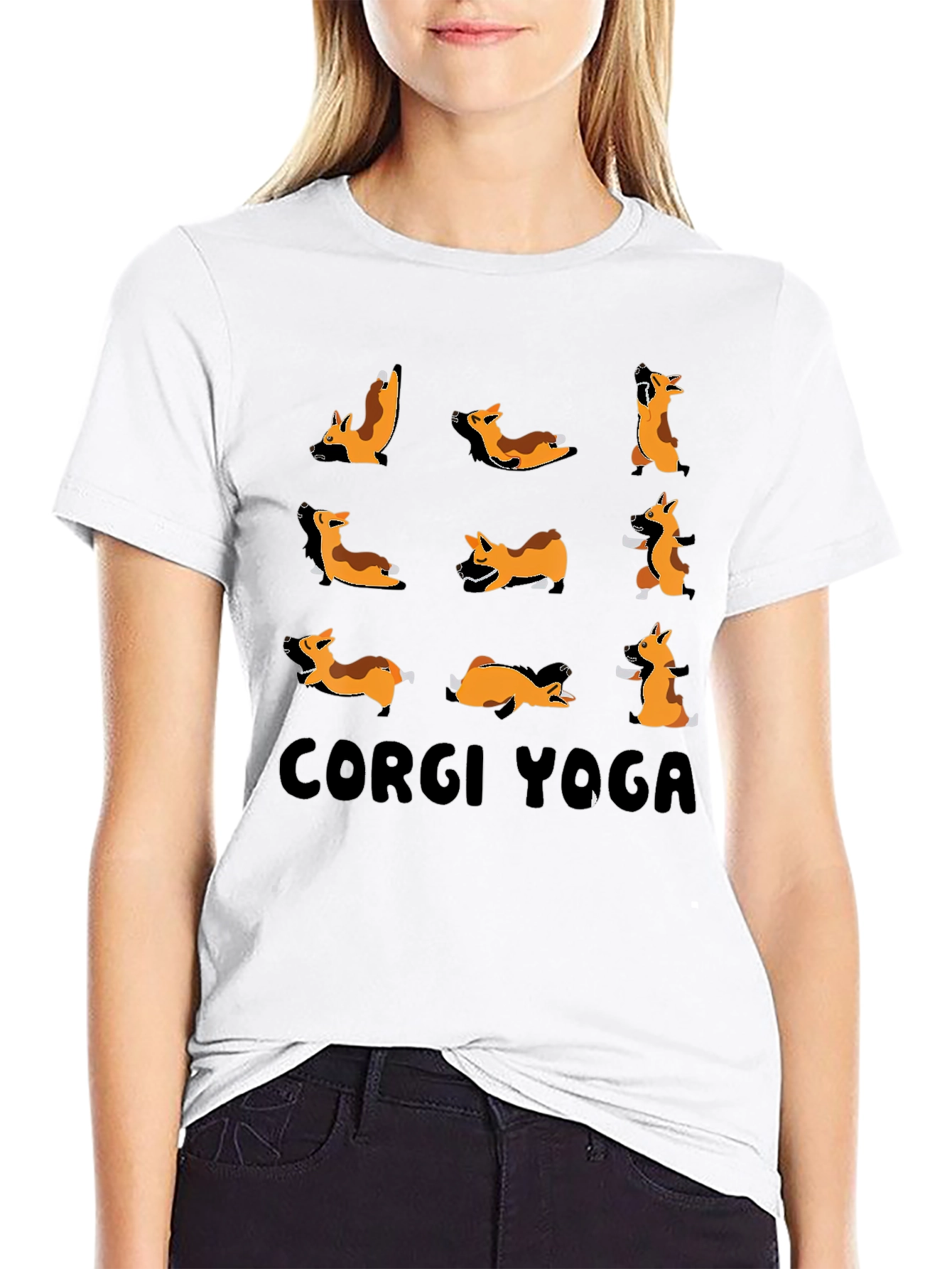 Corgi Yoga Black Graphic T-Shirt
