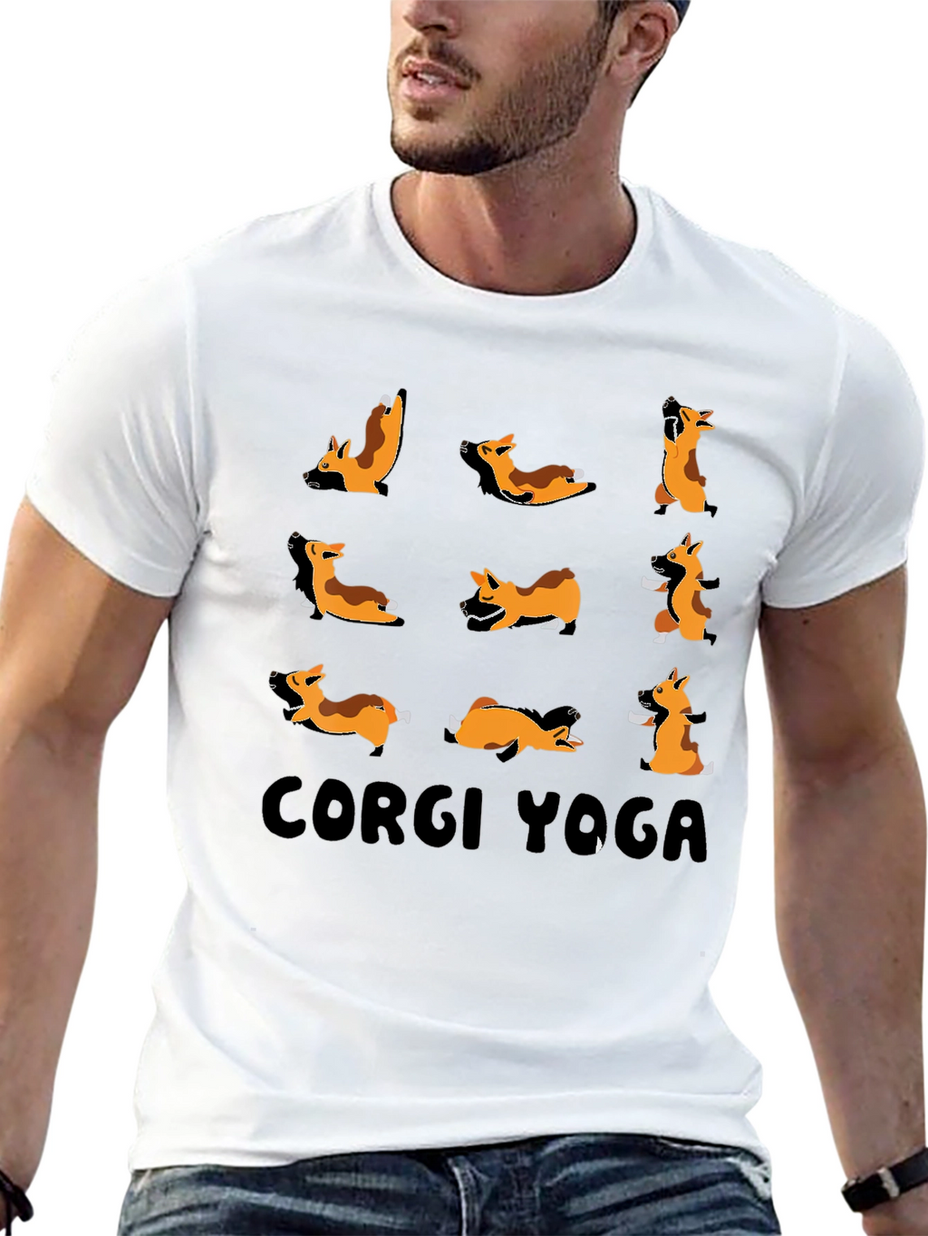 Corgi Yoga Black Graphic T-Shirt