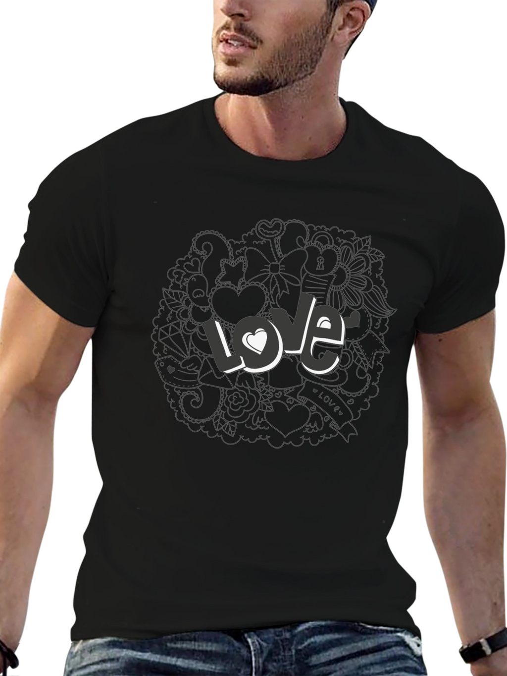 Love Doodle Graphic Print T-Shirt - Casual Style