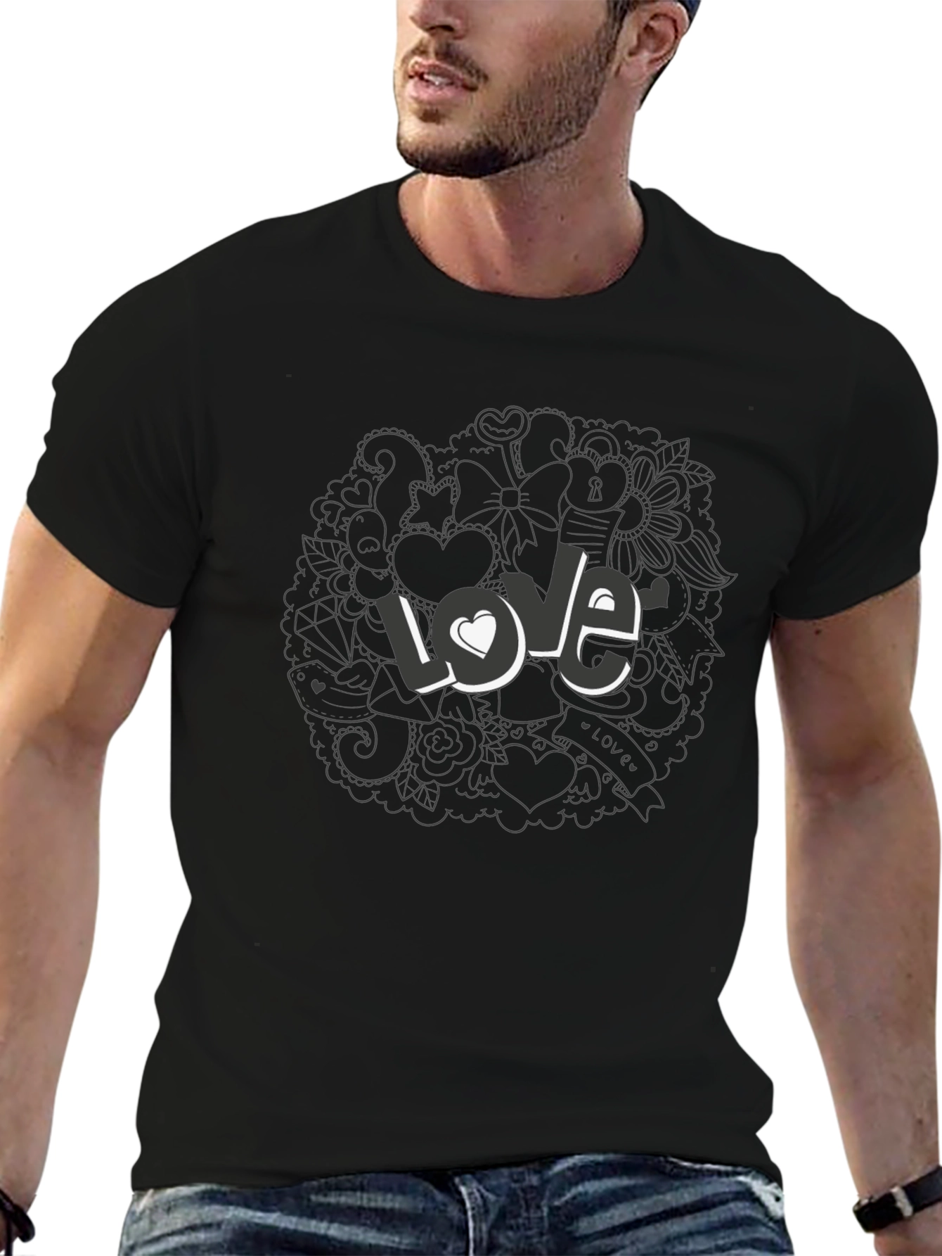 Love Doodle Graphic Print T-Shirt - Casual Style