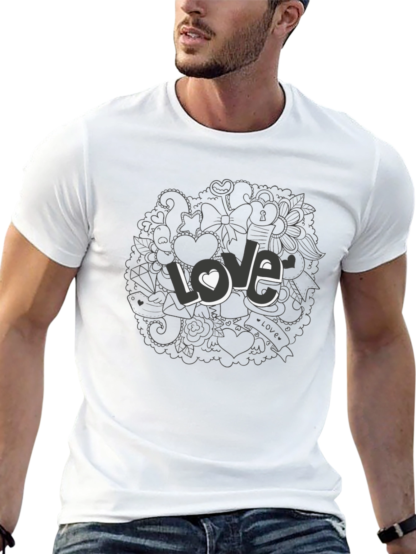 Love Doodle Graphic Print T-Shirt - Casual Style