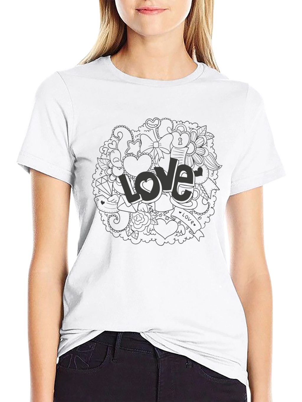 Love Doodle Graphic Print T-Shirt - Casual Style