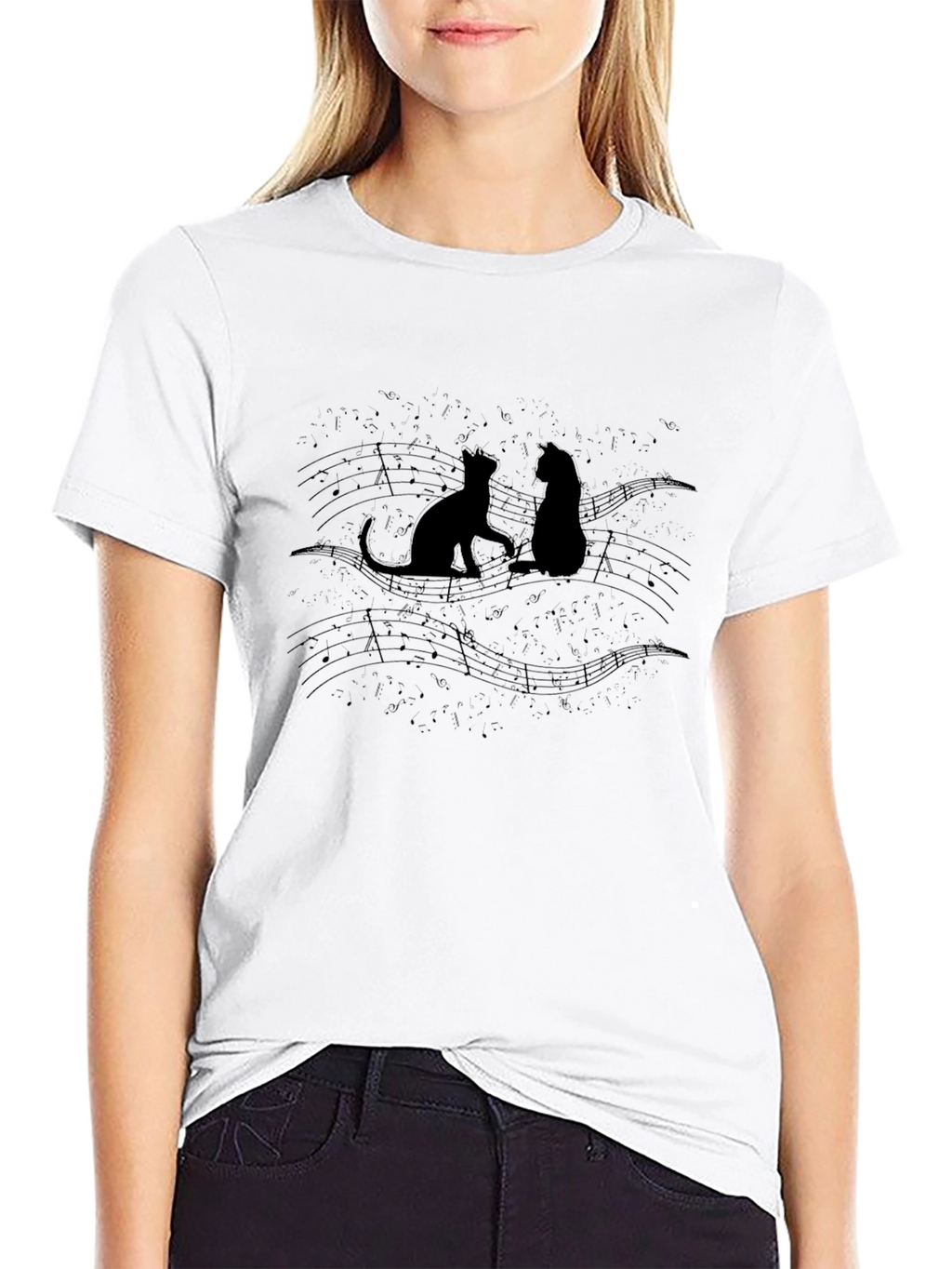 Cats on Sheet Music Black T-Shirt