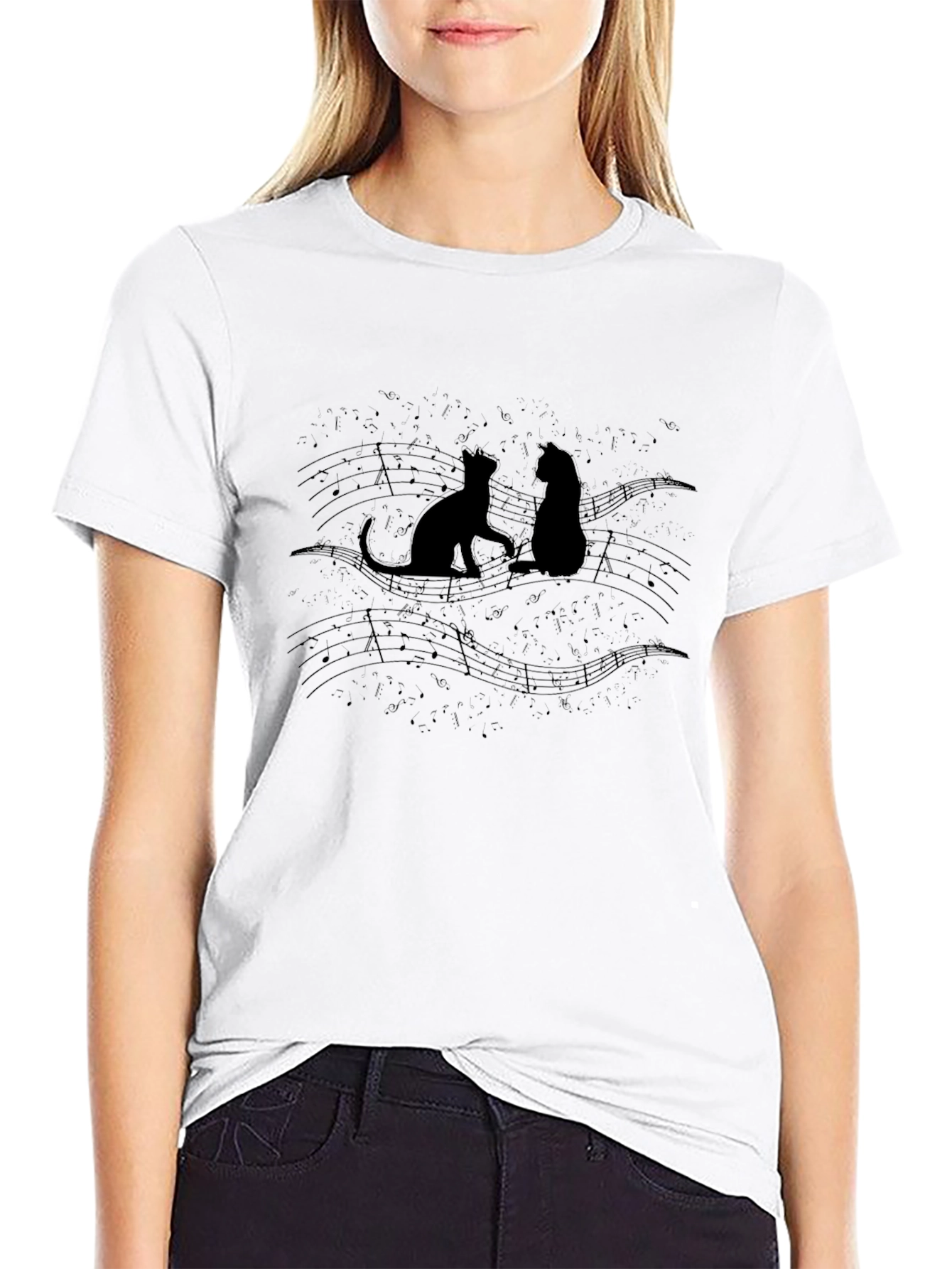 Cats on Sheet Music Black T-Shirt