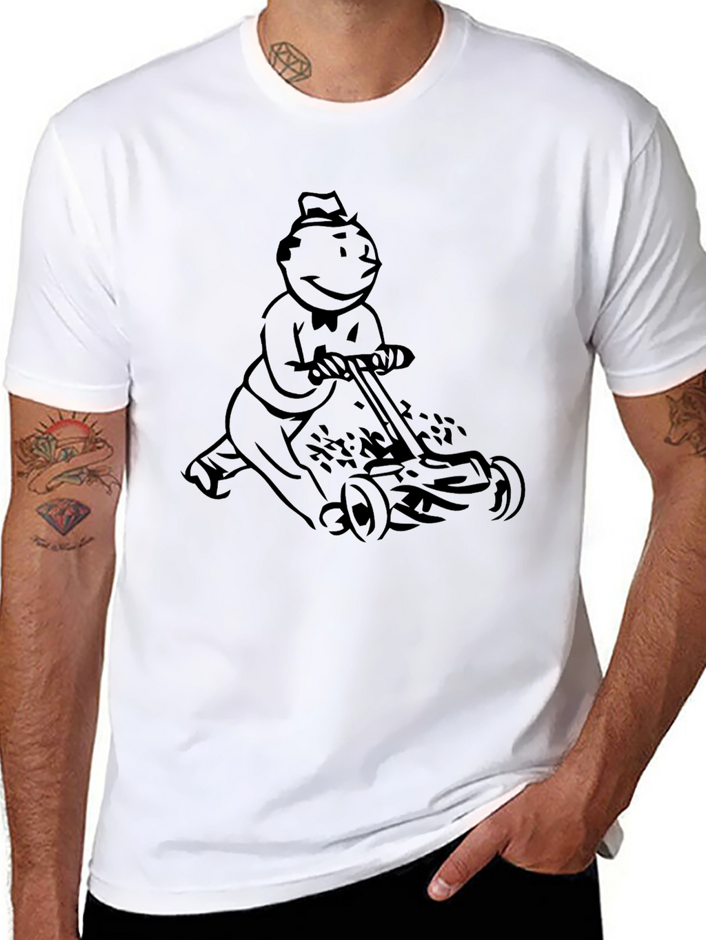 Monopoly Man Mowing T-Shirt - Black Graphic Tee