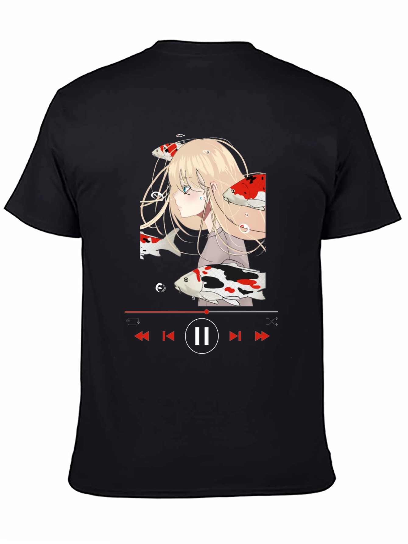 Anime Girl Koi Fish Music Player Black T-Shirt