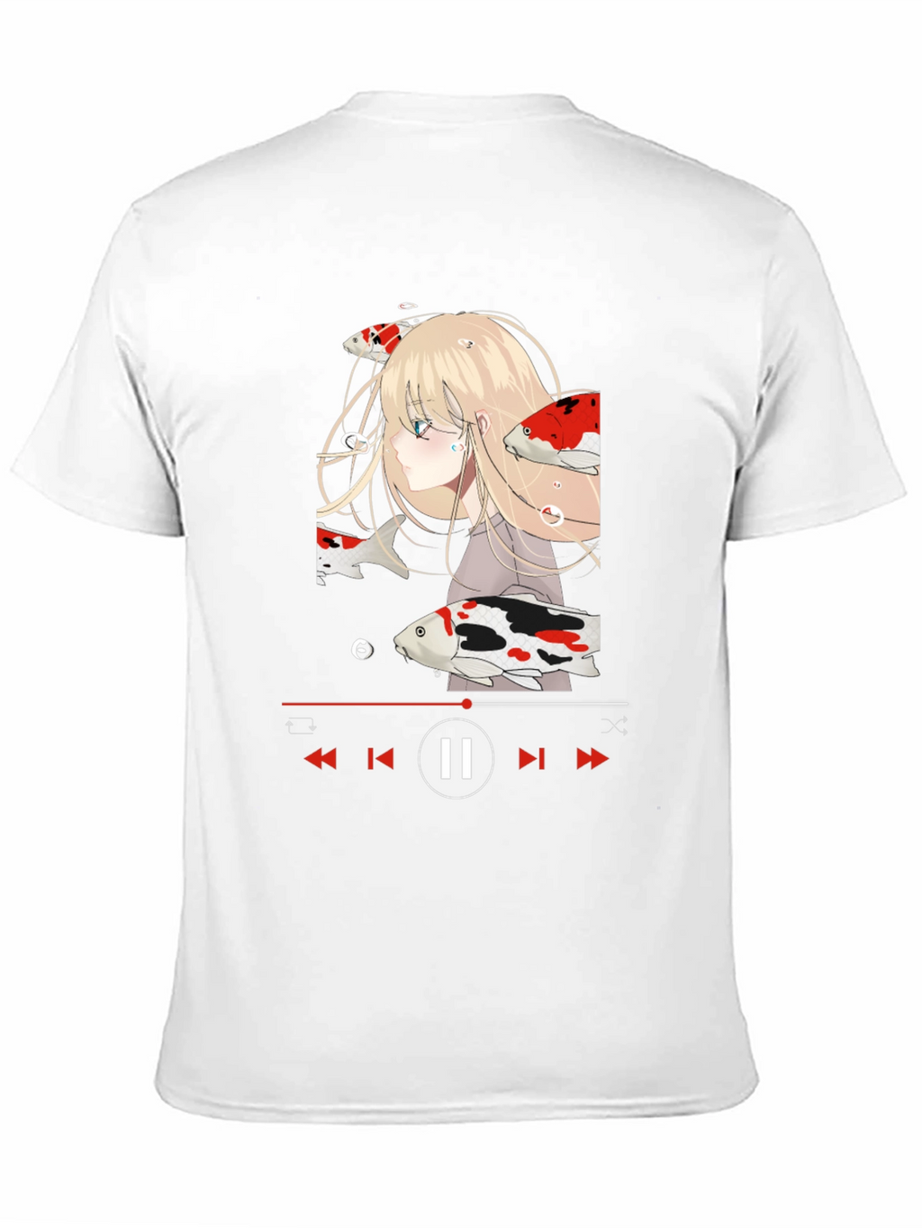 Anime Girl Koi Fish Music Player Black T-Shirt