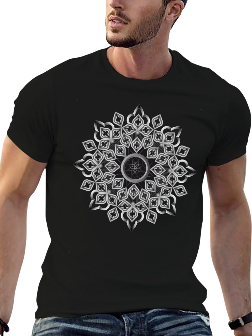 Geometric Silver Mandala Graphic Black T-Shirt
